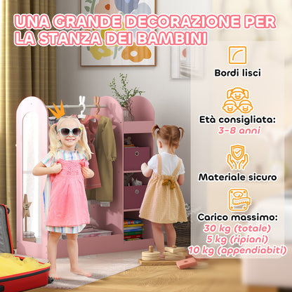 Children's Coat Rack with Shelves, Boxes, and Mirror, Wooden Wardrobe for Kids' Room and Entryway, Pink