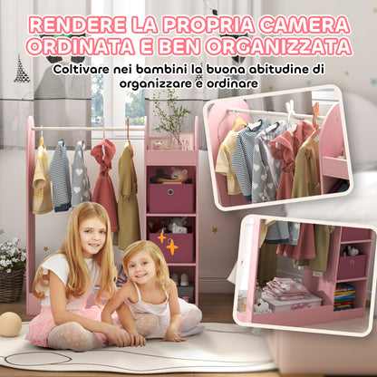 Children's Coat Rack with Shelves, Boxes, and Mirror, Wooden Wardrobe for Kids' Room and Entryway, Pink