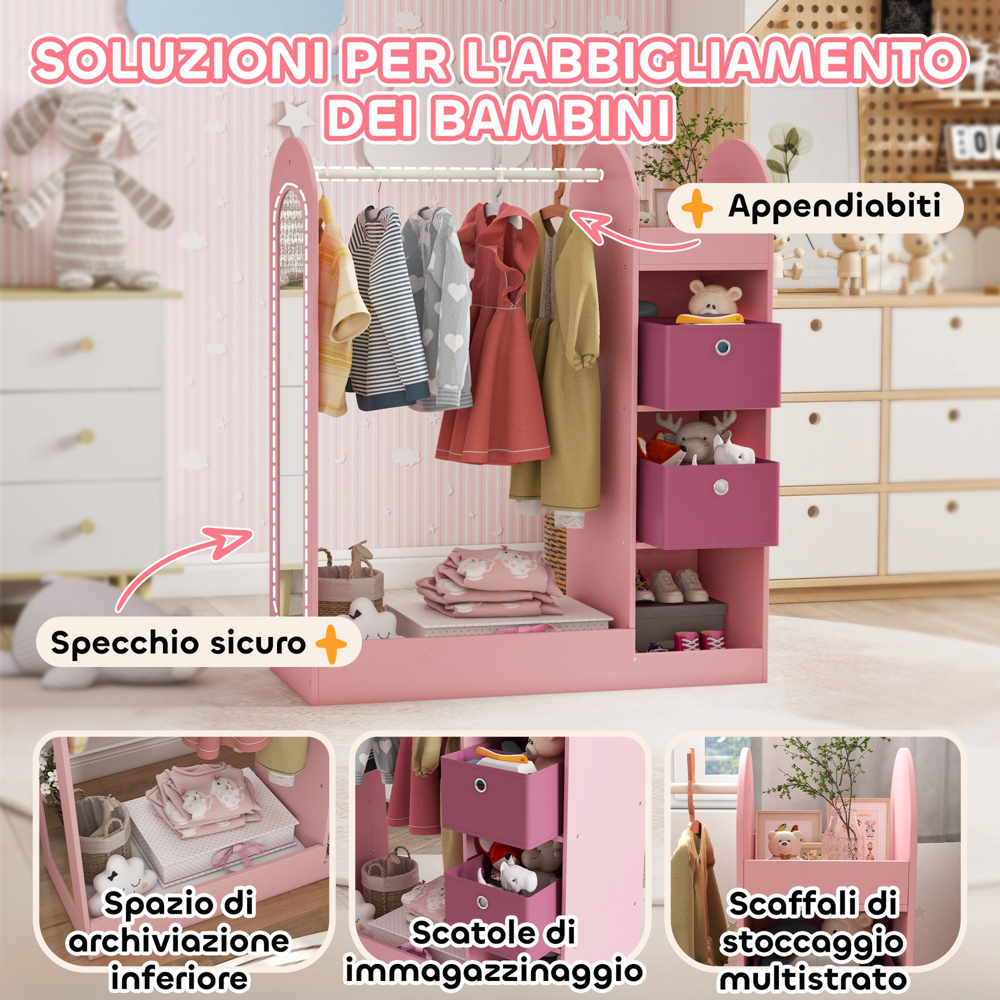 Children's Coat Rack with Shelves, Boxes, and Mirror, Wooden Wardrobe for Kids' Room and Entryway, Pink
