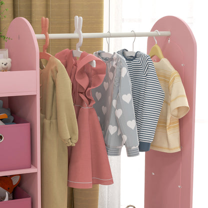 Children's Coat Rack with Shelves, Boxes, and Mirror, Wooden Wardrobe for Kids' Room and Entryway, Pink