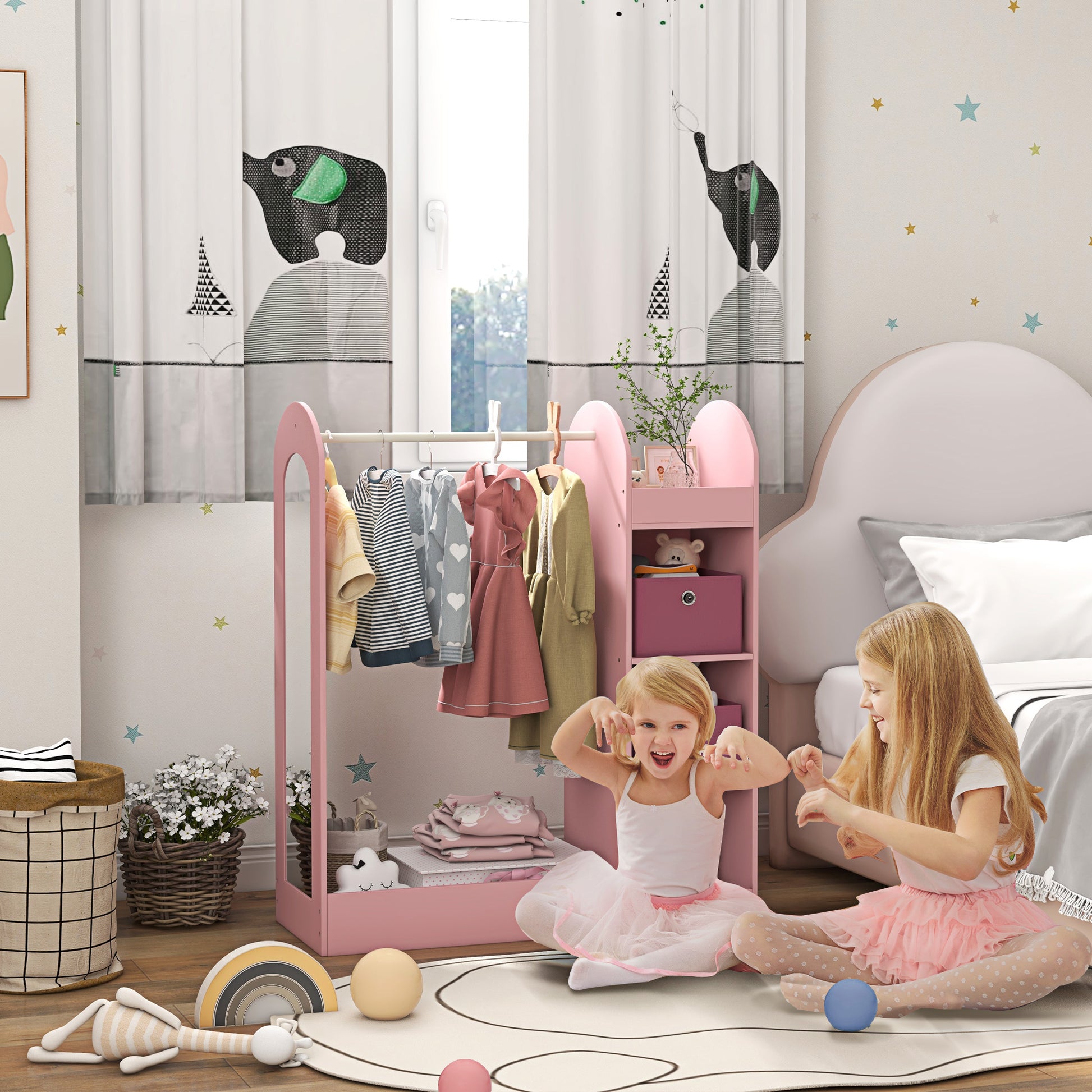 Children's Coat Rack with Shelves, Boxes, and Mirror, Wooden Wardrobe for Kids' Room and Entryway, Pink