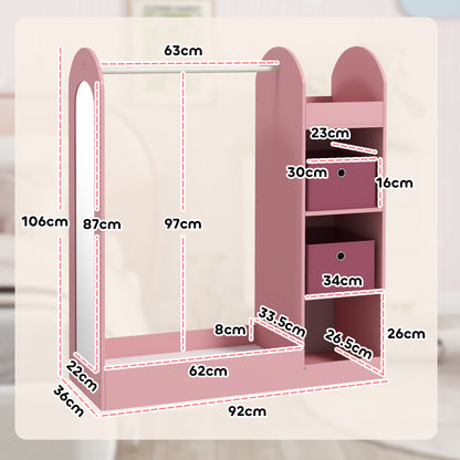 Children's Coat Rack with Shelves, Boxes, and Mirror, Wooden Wardrobe for Kids' Room and Entryway, Pink