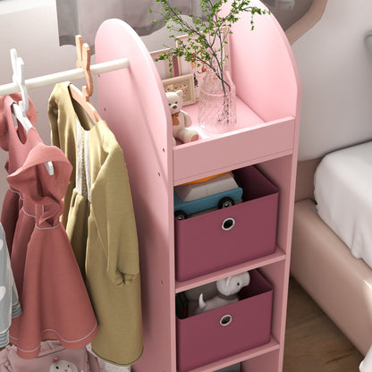 Children's Coat Rack with Shelves, Boxes, and Mirror, Wooden Wardrobe for Kids' Room and Entryway, Pink