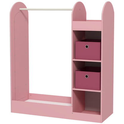 Children's Coat Rack with Shelves, Boxes, and Mirror, Wooden Wardrobe for Kids' Room and Entryway, Pink