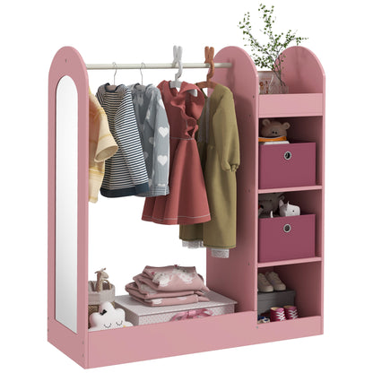 Children's Coat Rack with Shelves, Boxes, and Mirror, Wooden Wardrobe for Kids' Room and Entryway, Pink