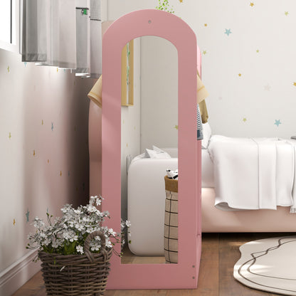 Children's Coat Rack with Shelves, Boxes, and Mirror, Wooden Wardrobe for Kids' Room and Entryway, Pink