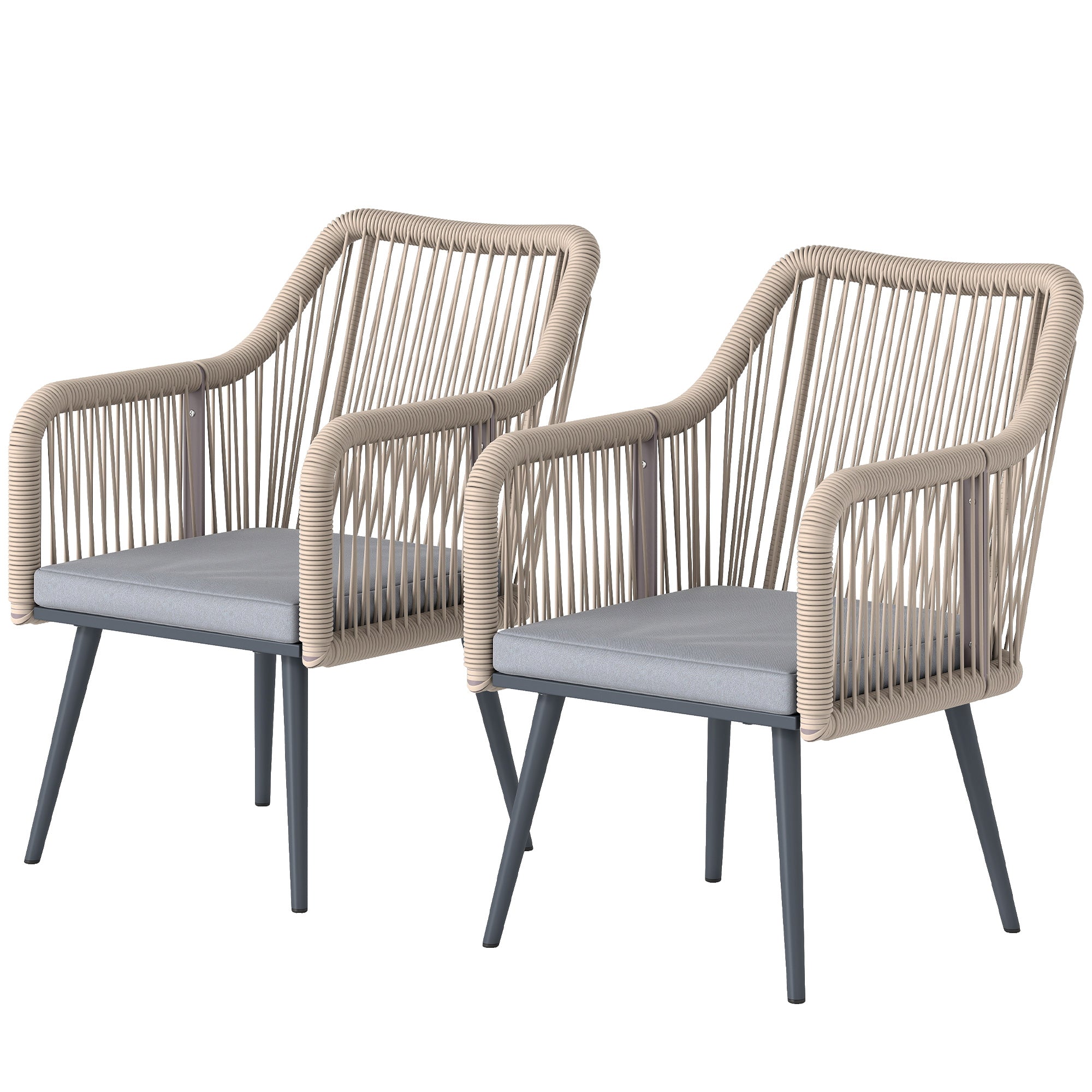 Set of 2 Outdoor Rattan Garden Chairs with Cushions, Armrests & Steel Frame — Weather-Resistant for Balcony/Patio, Light Gray (21.3 x 25.6 x 31.5 in)