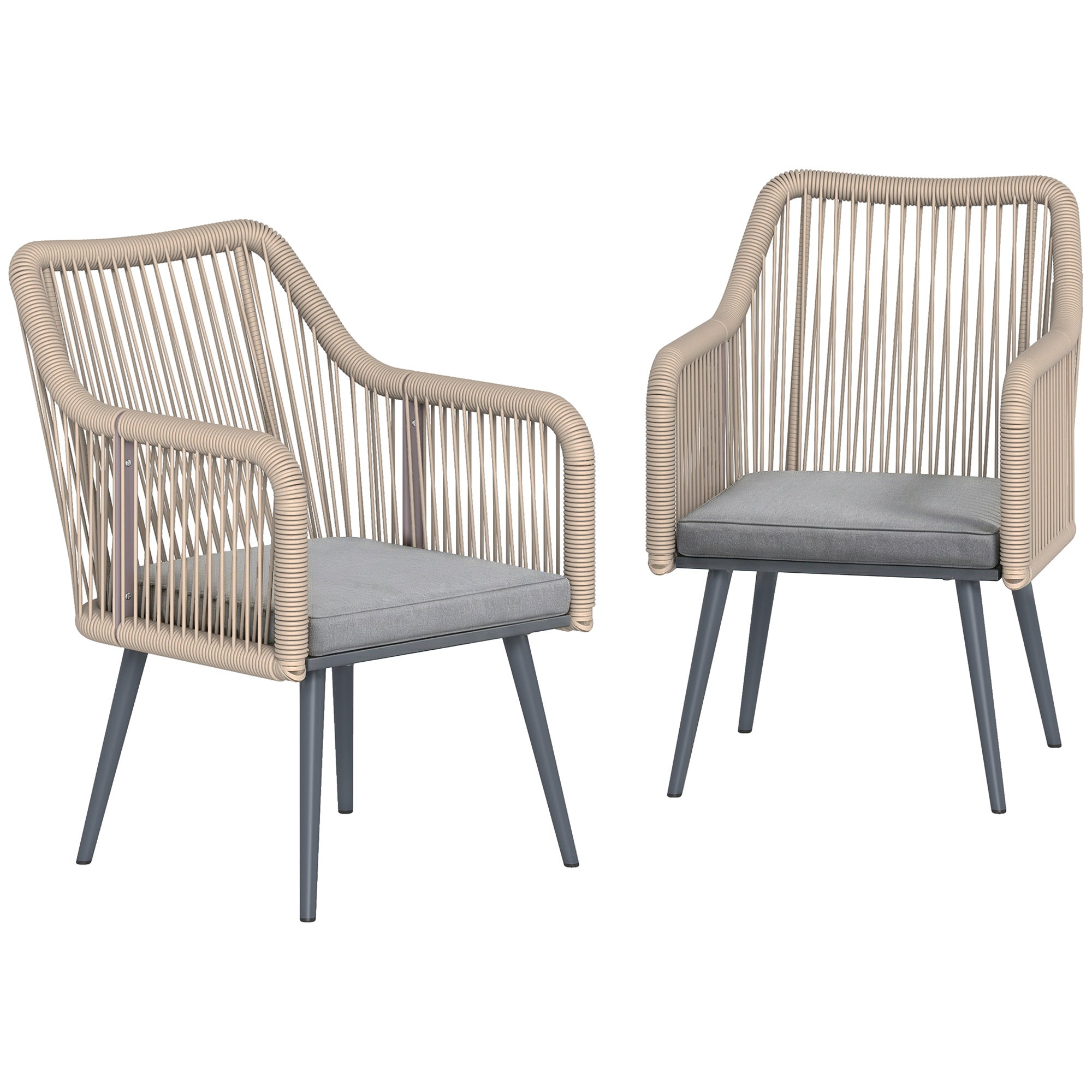 Set of 2 Outdoor Rattan Garden Chairs with Cushions, Armrests & Steel Frame — Weather-Resistant for Balcony/Patio, Light Gray (21.3 x 25.6 x 31.5 in)
