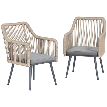 Set of 2 Outdoor Rattan Garden Chairs with Cushions, Armrests & Steel Frame — Weather-Resistant for Balcony/Patio, Light Gray (21.3 x 25.6 x 31.5 in)
