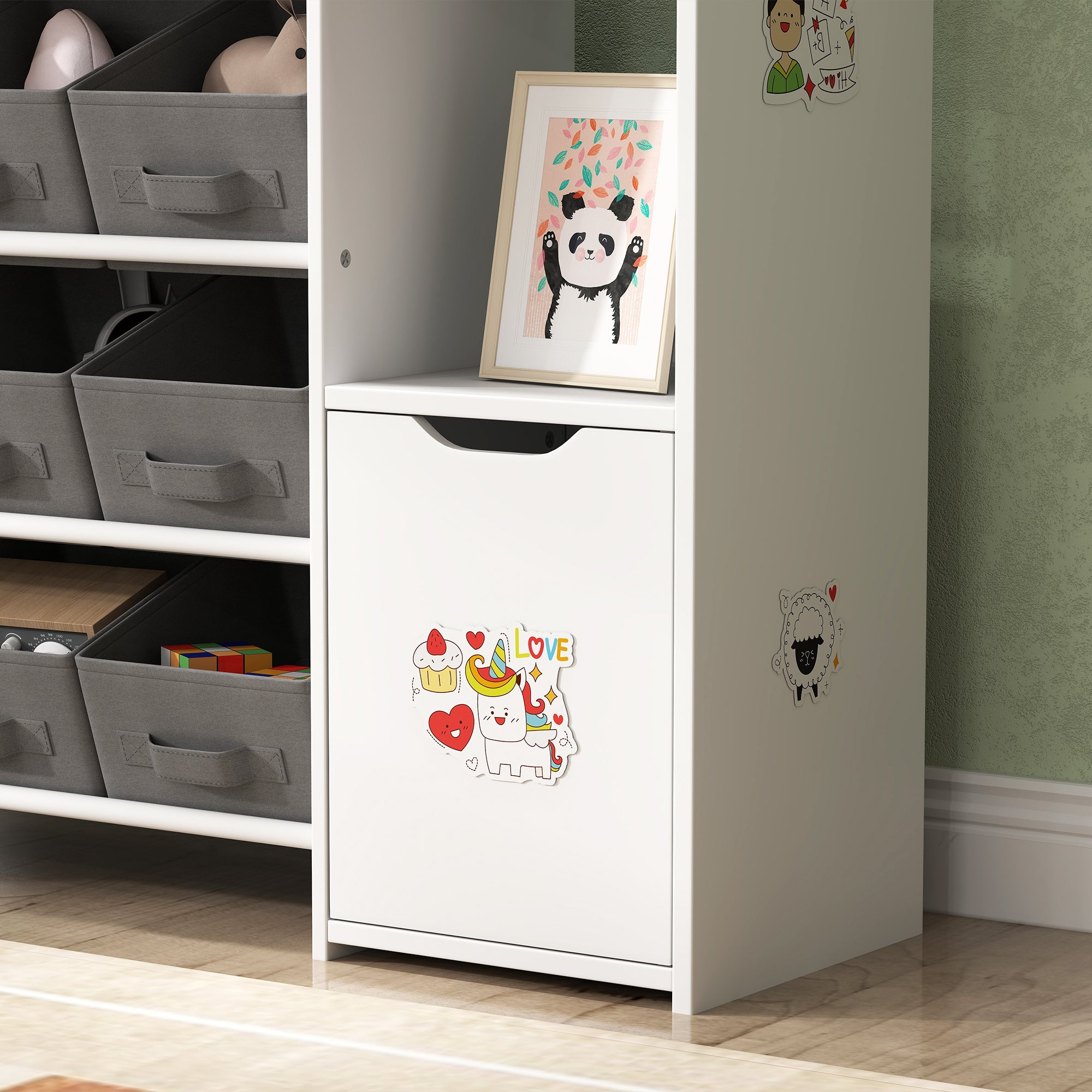 Toy Shelf for Kids Children's Organizer with 9 Removable Baskets Compartments and Sticker Sheets for Nursery Playroom 92x30x80 cm White