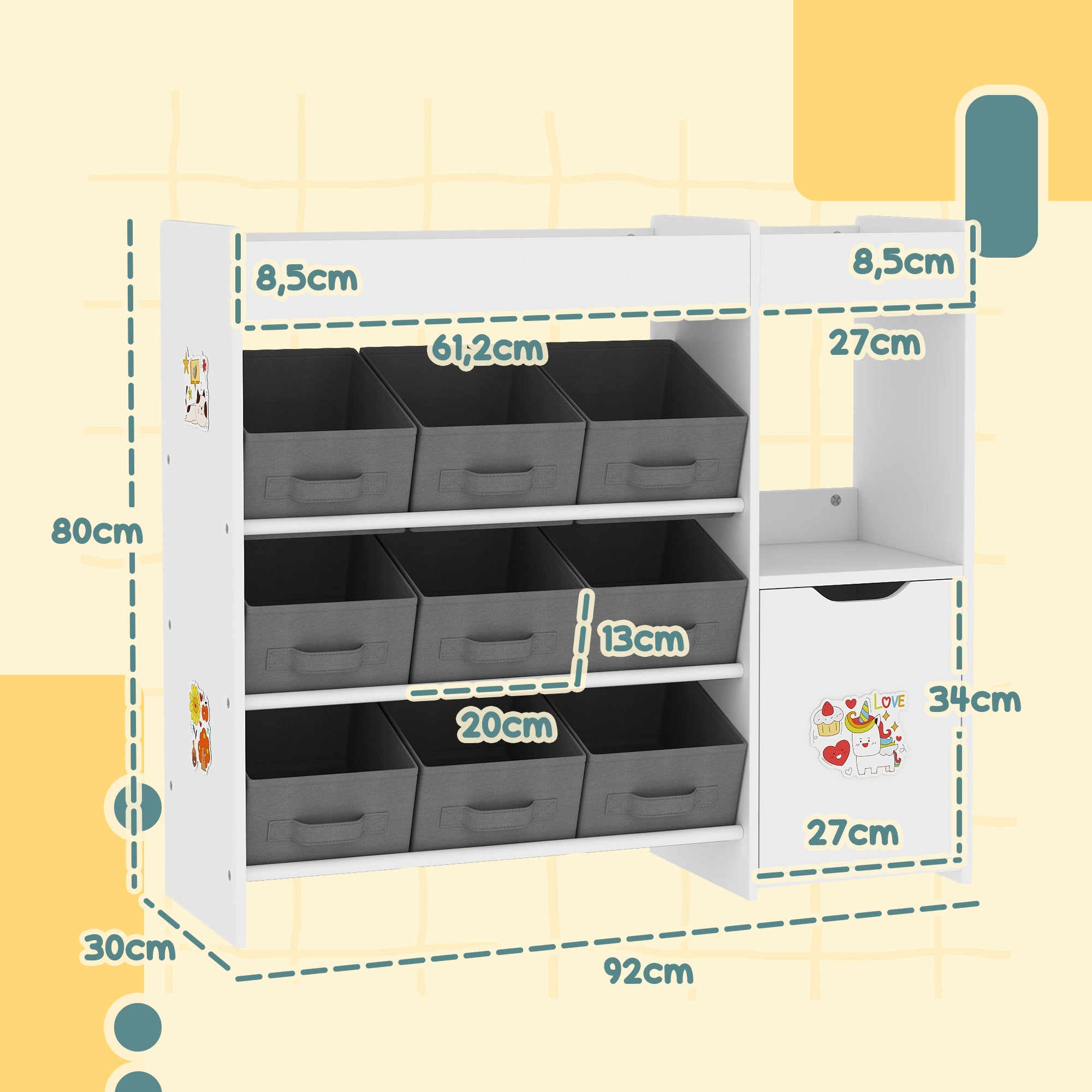 Toy Shelf for Kids Children's Organizer with 9 Removable Baskets Compartments and Sticker Sheets for Nursery Playroom 92x30x80 cm White