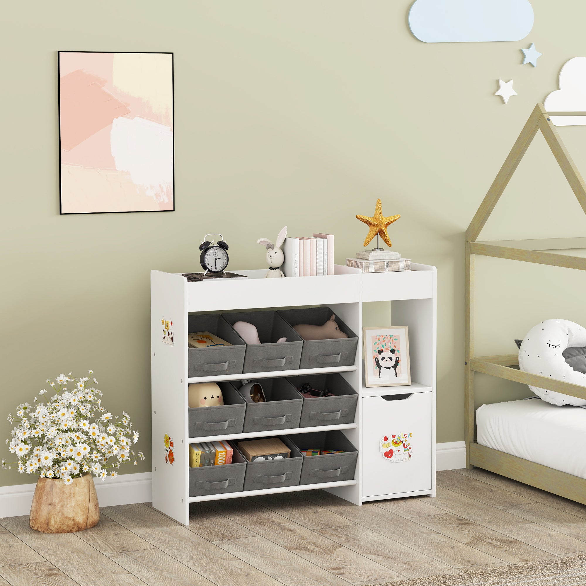 Toy Shelf for Kids Children's Organizer with 9 Removable Baskets Compartments and Sticker Sheets for Nursery Playroom 92x30x80 cm White