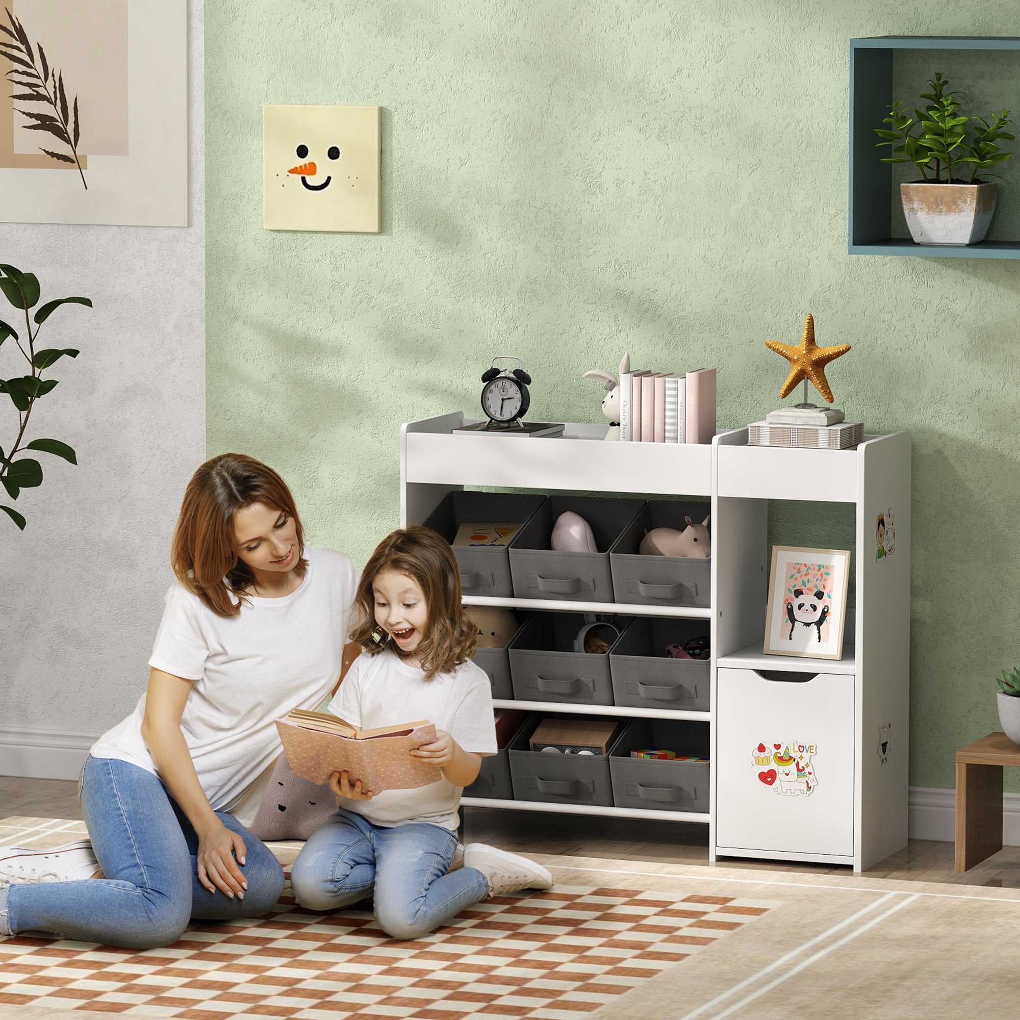Toy Shelf for Kids Children's Organizer with 9 Removable Baskets Compartments and Sticker Sheets for Nursery Playroom 92x30x80 cm White