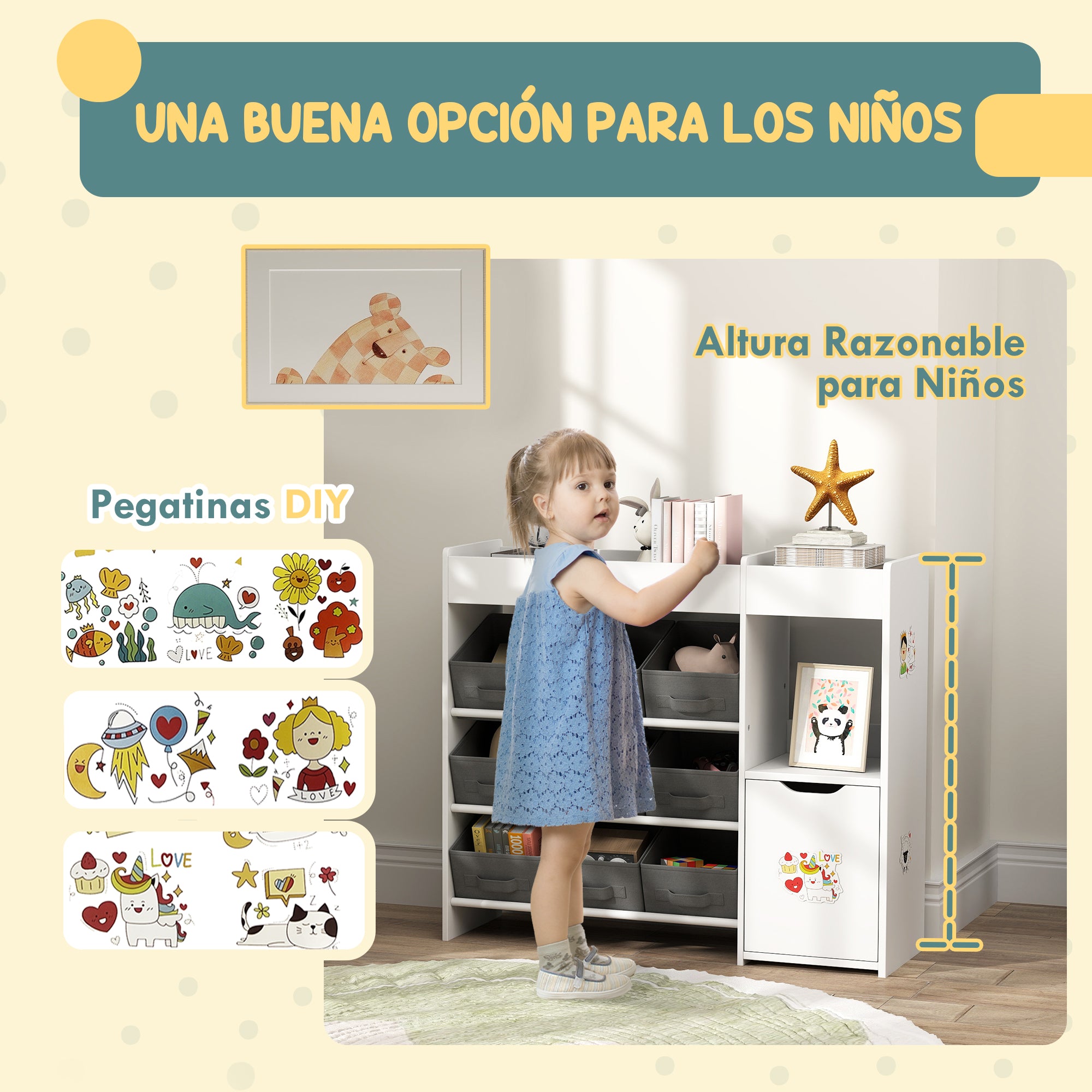 Toy Shelf for Kids Children's Organizer with 9 Removable Baskets Compartments and Sticker Sheets for Nursery Playroom 92x30x80 cm White