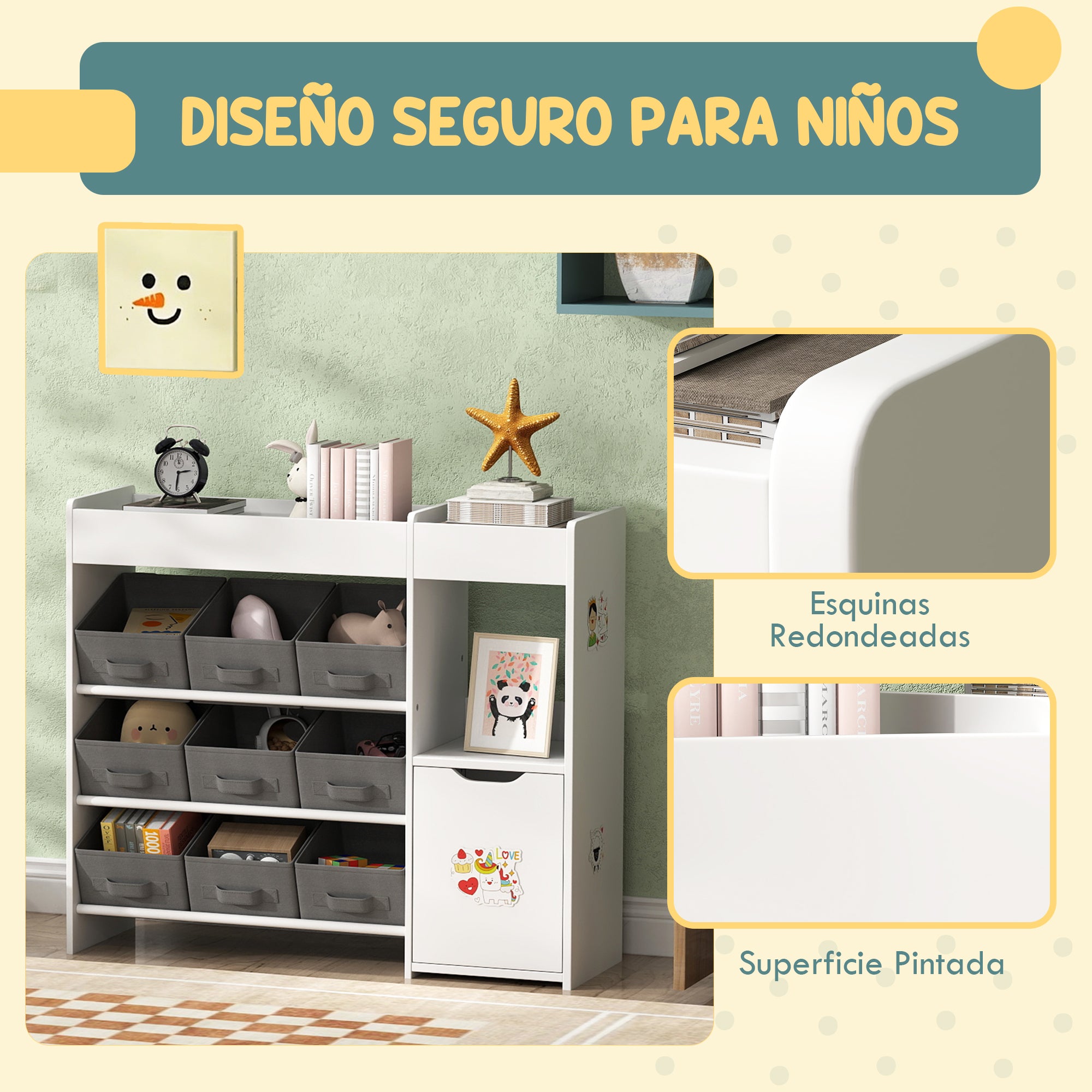 Toy Shelf for Kids Children's Organizer with 9 Removable Baskets Compartments and Sticker Sheets for Nursery Playroom 92x30x80 cm White