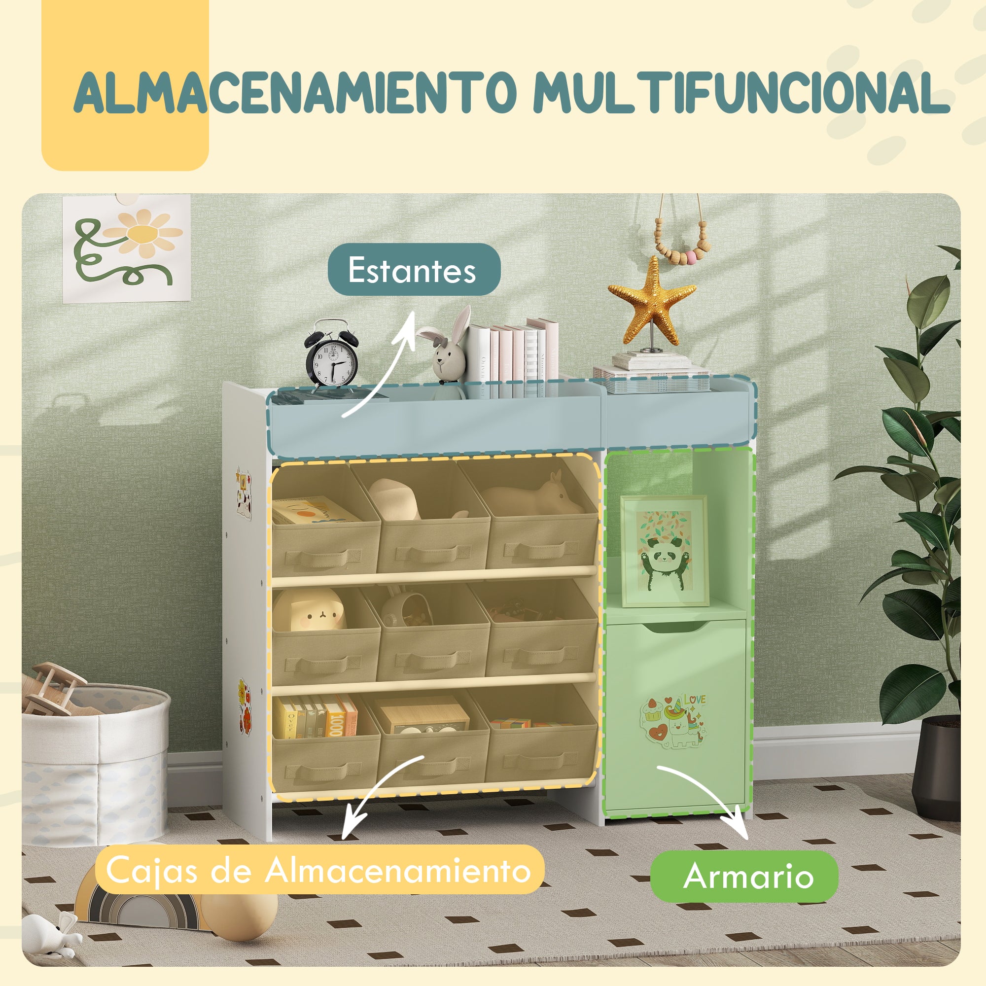 Toy Shelf for Kids Children's Organizer with 9 Removable Baskets Compartments and Sticker Sheets for Nursery Playroom 92x30x80 cm White