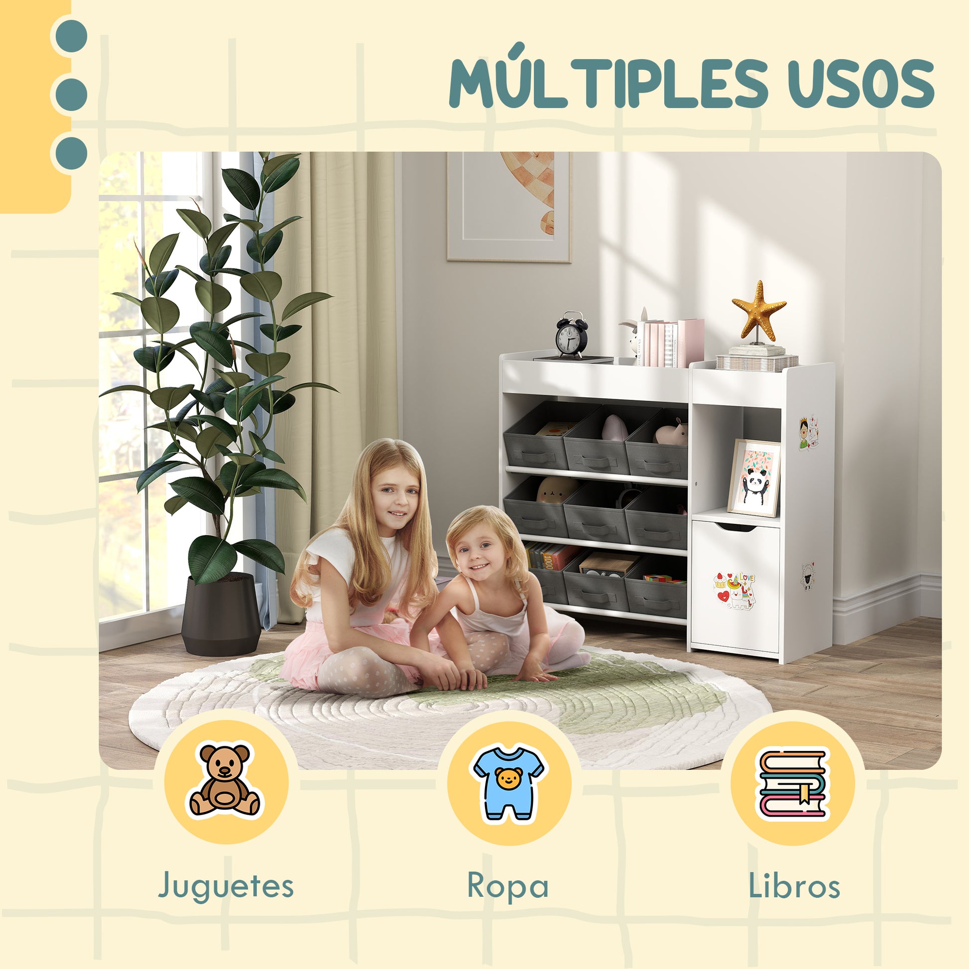 Toy Shelf for Kids Children's Organizer with 9 Removable Baskets Compartments and Sticker Sheets for Nursery Playroom 92x30x80 cm White