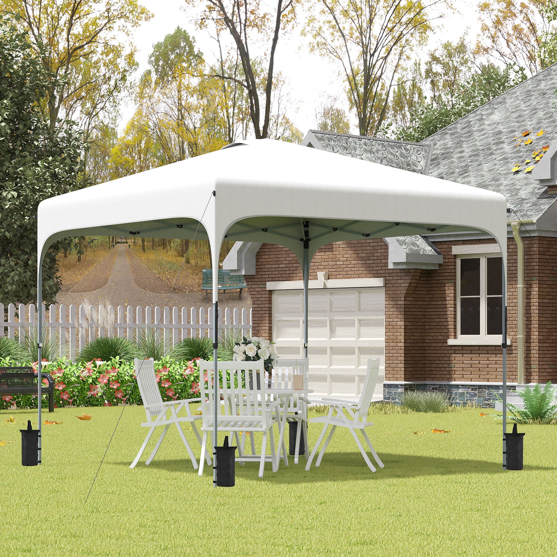 Pop-Up Folding Gazebo 2.5x2.5x2.68 m Garden Canopy UV 50+ Adjustable Height with 4 Sandbags and Carry Bag for Camping Parties Patio White