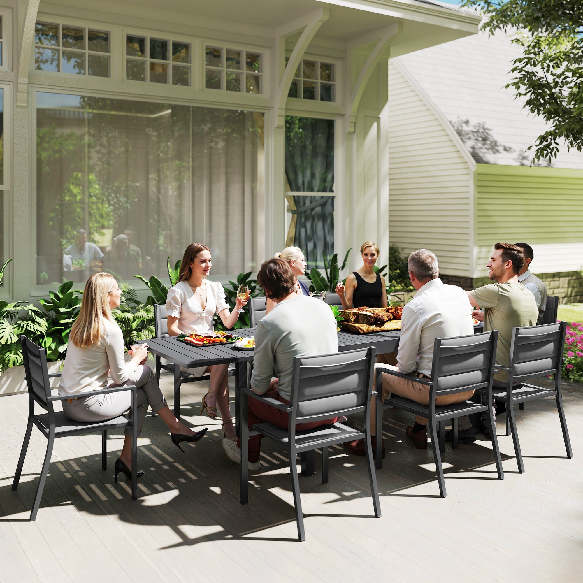 9-Piece Aluminum Frame Garden Furniture Set Outdoor Dining Set with Extendable Table and 8 Stackable Chairs for Terrace Patio Gray