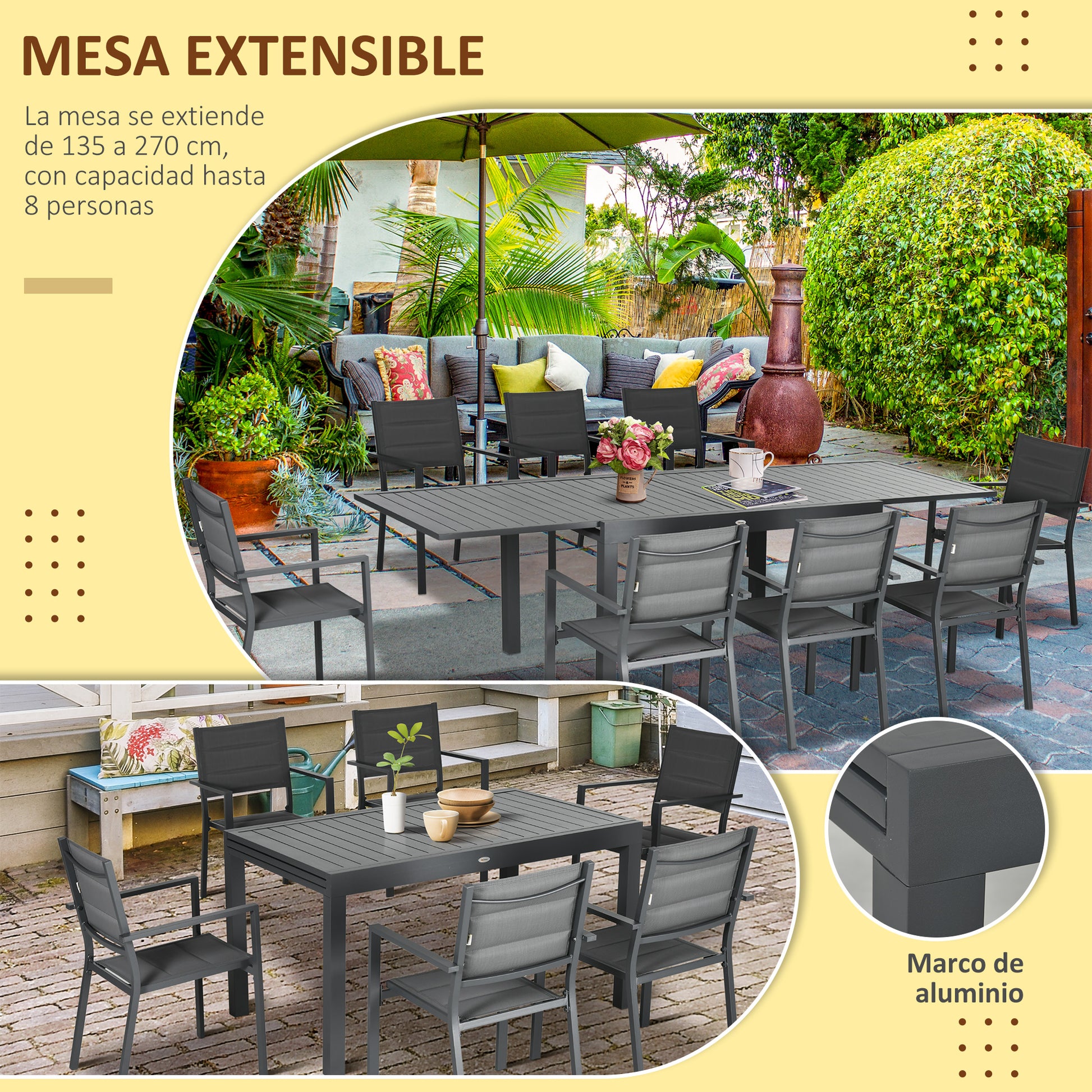 9-Piece Aluminum Frame Garden Furniture Set Outdoor Dining Set with Extendable Table and 8 Stackable Chairs for Terrace Patio Gray