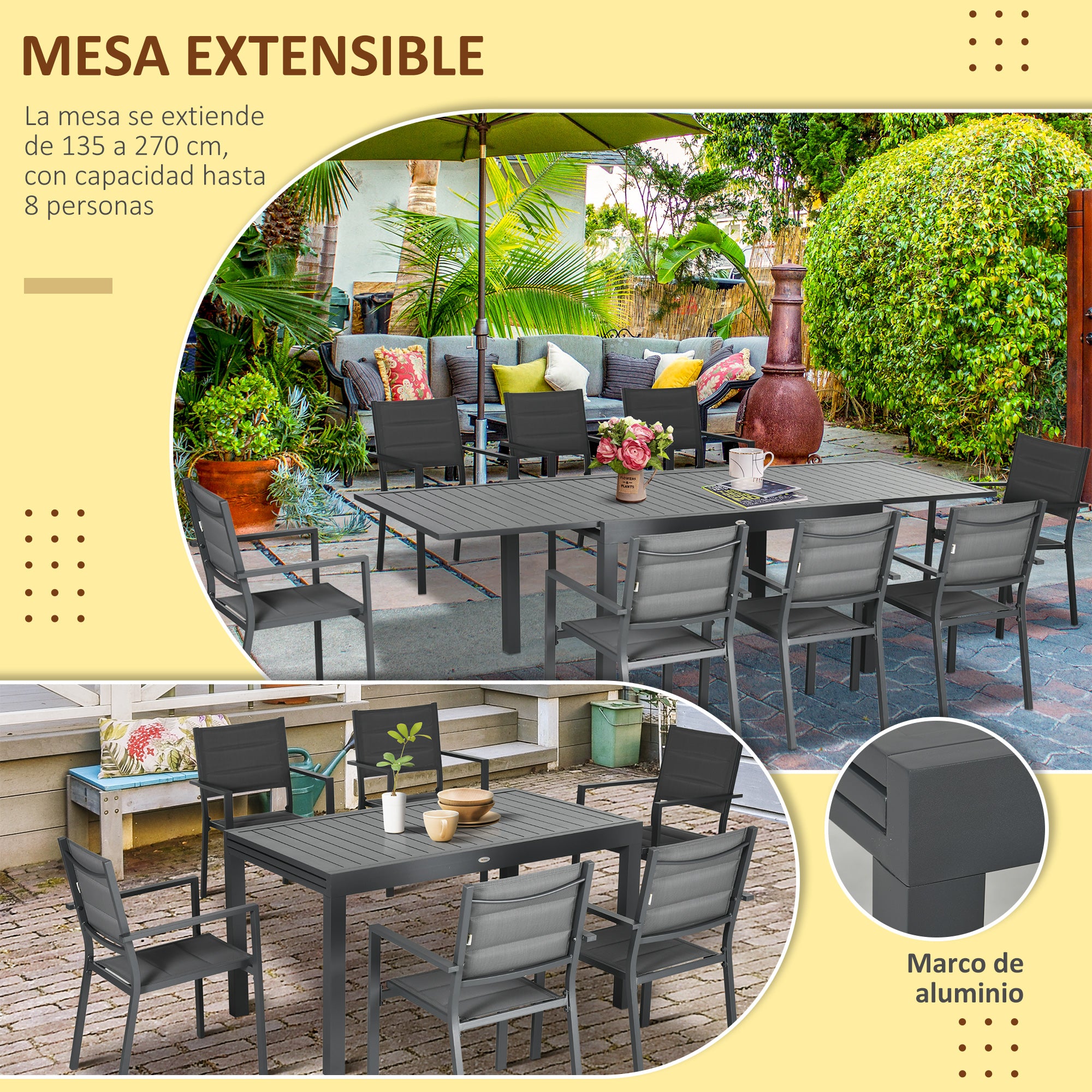 9-Piece Aluminum Frame Garden Furniture Set Outdoor Dining Set with Extendable Table and 8 Stackable Chairs for Terrace Patio Gray