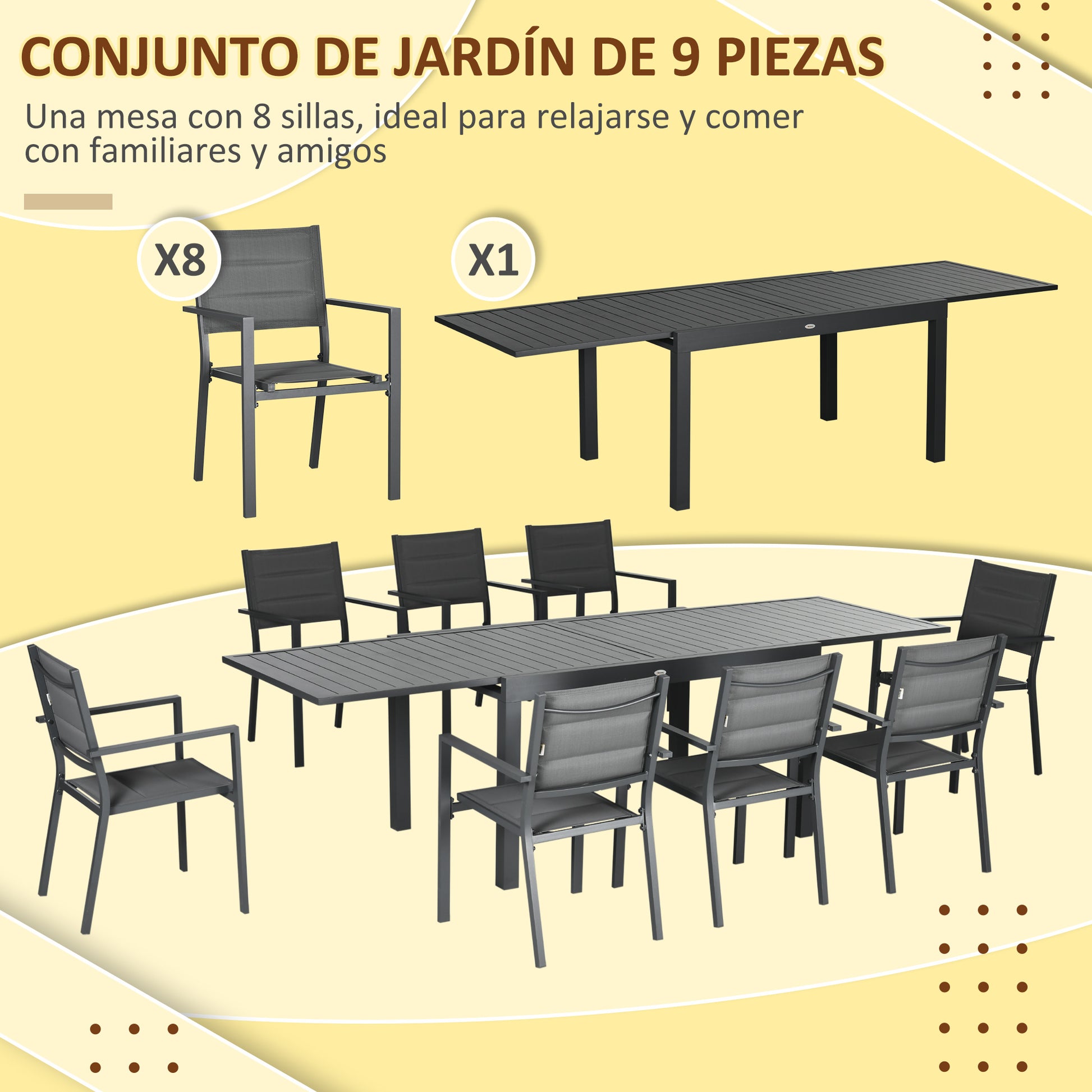 9-Piece Aluminum Frame Garden Furniture Set Outdoor Dining Set with Extendable Table and 8 Stackable Chairs for Terrace Patio Gray