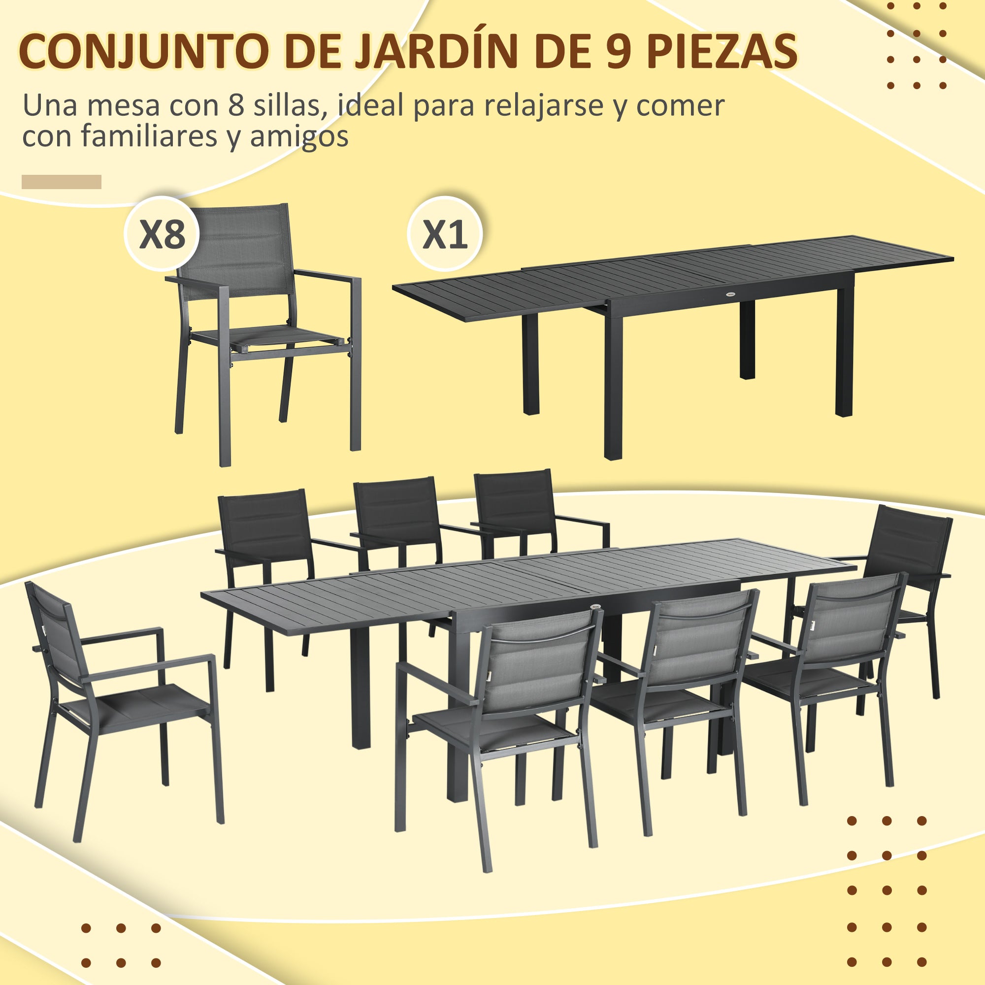 9-Piece Aluminum Frame Garden Furniture Set Outdoor Dining Set with Extendable Table and 8 Stackable Chairs for Terrace Patio Gray