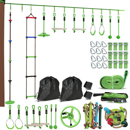 Ninja Slackline 10m for Kids Ninja Warrior Obstacle Course Set with Slackline Gymnastic Rings, Spinner Wheel, Swing, Climbing Bars, Hanging Tray, Climbing Ladder, Obstacle Course in Garden Outdoor