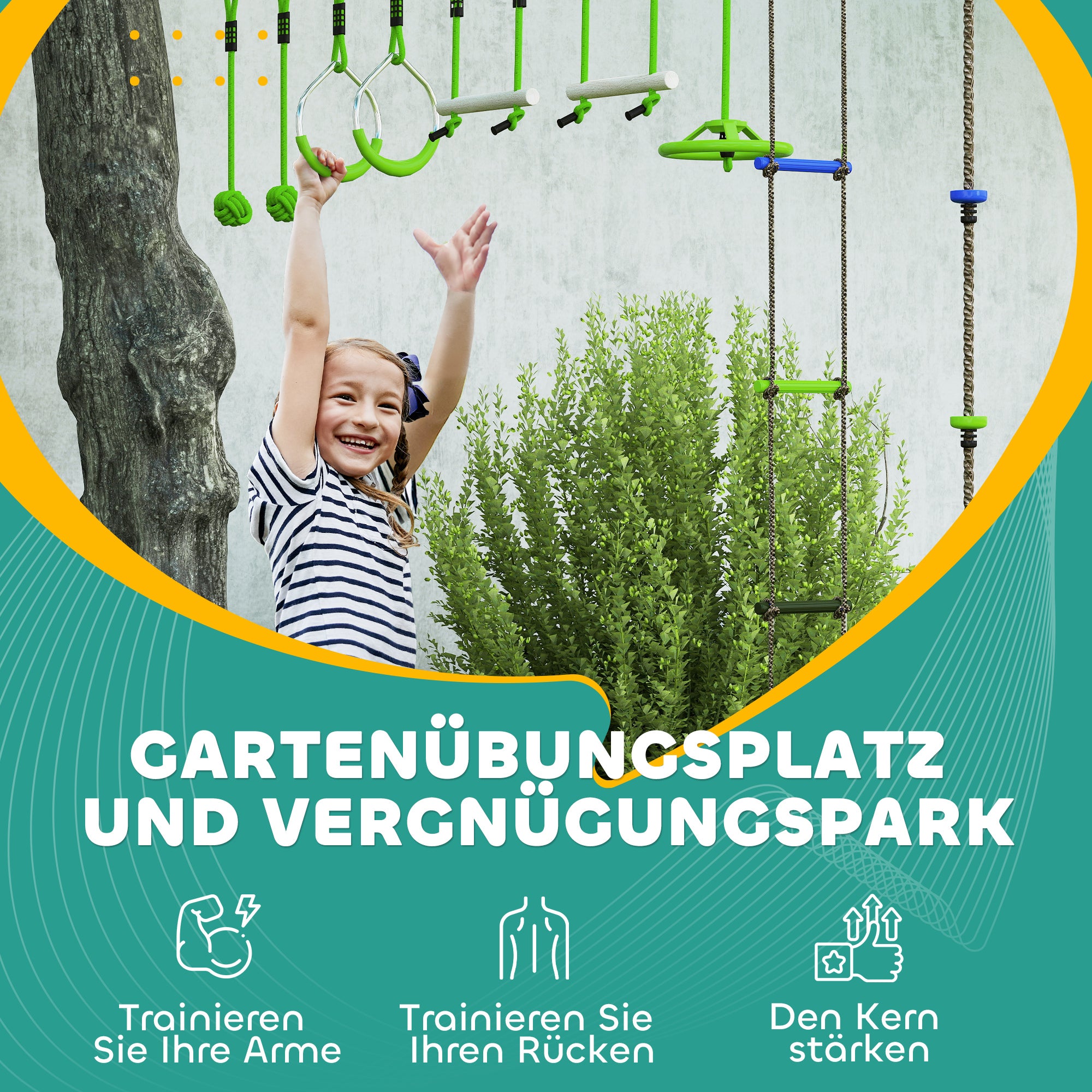 Ninja Slackline 10m for Kids Ninja Warrior Obstacle Course Set with Slackline Gymnastic Rings, Spinner Wheel, Swing, Climbing Bars, Hanging Tray, Climbing Ladder, Obstacle Course in Garden Outdoor