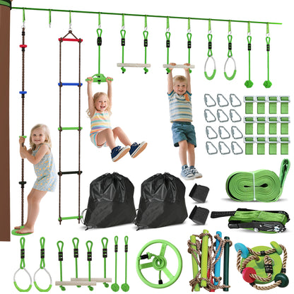 Ninja Slackline 10m for Kids Ninja Warrior Obstacle Course Set with Slackline Gymnastic Rings, Spinner Wheel, Swing, Climbing Bars, Hanging Tray, Climbing Ladder, Obstacle Course in Garden Outdoor