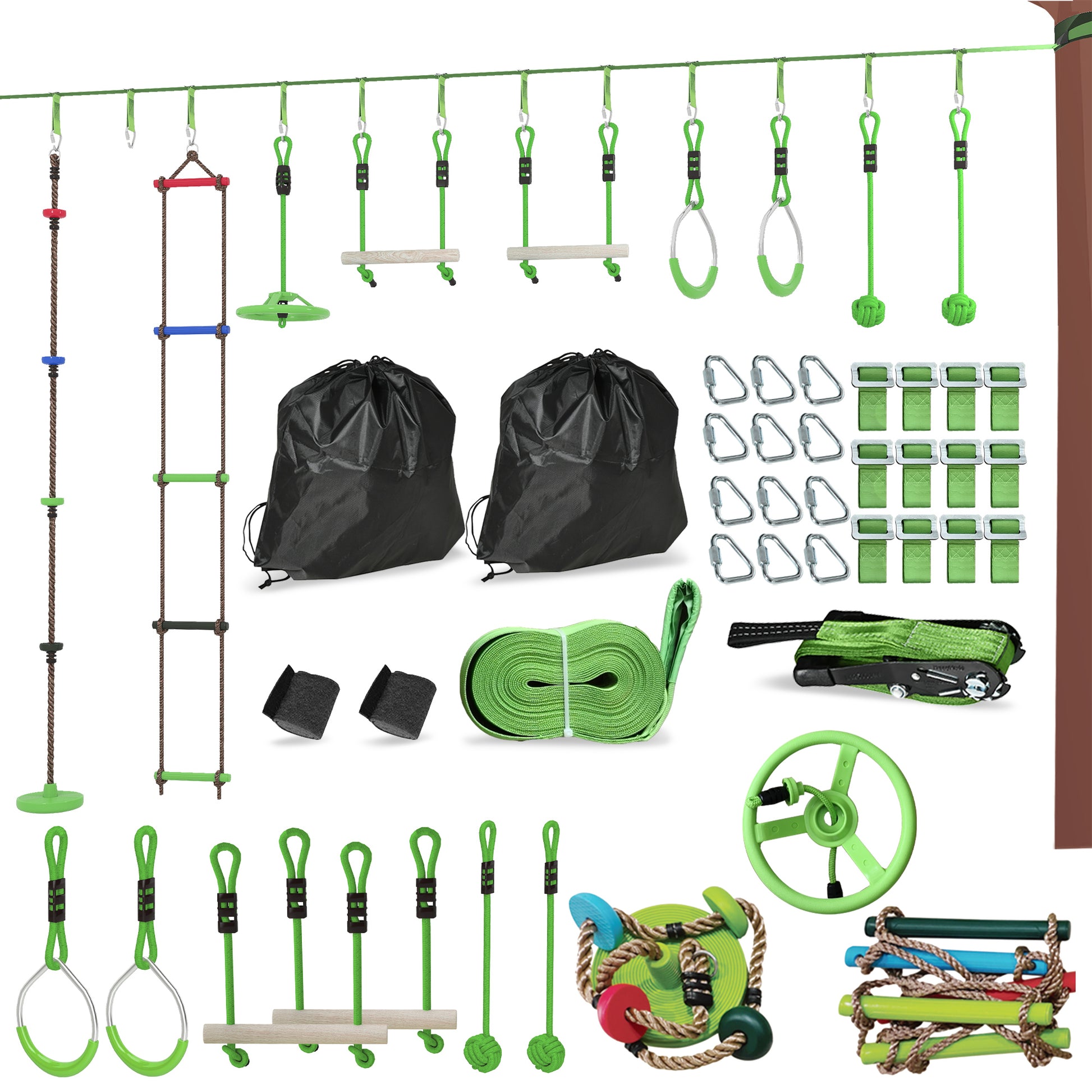 Ninja Slackline 10m for Kids Ninja Warrior Obstacle Course Set with Slackline Gymnastic Rings, Spinner Wheel, Swing, Climbing Bars, Hanging Tray, Climbing Ladder, Obstacle Course in Garden Outdoor