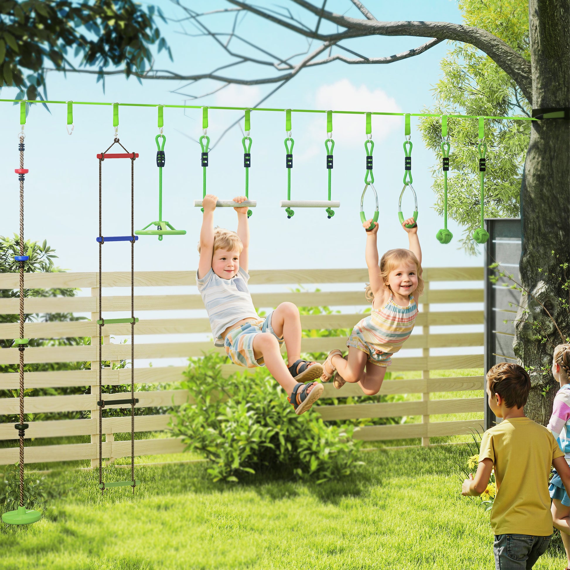Ninja Slackline 10m for Kids Ninja Warrior Obstacle Course Set with Slackline Gymnastic Rings, Spinner Wheel, Swing, Climbing Bars, Hanging Tray, Climbing Ladder, Obstacle Course in Garden Outdoor