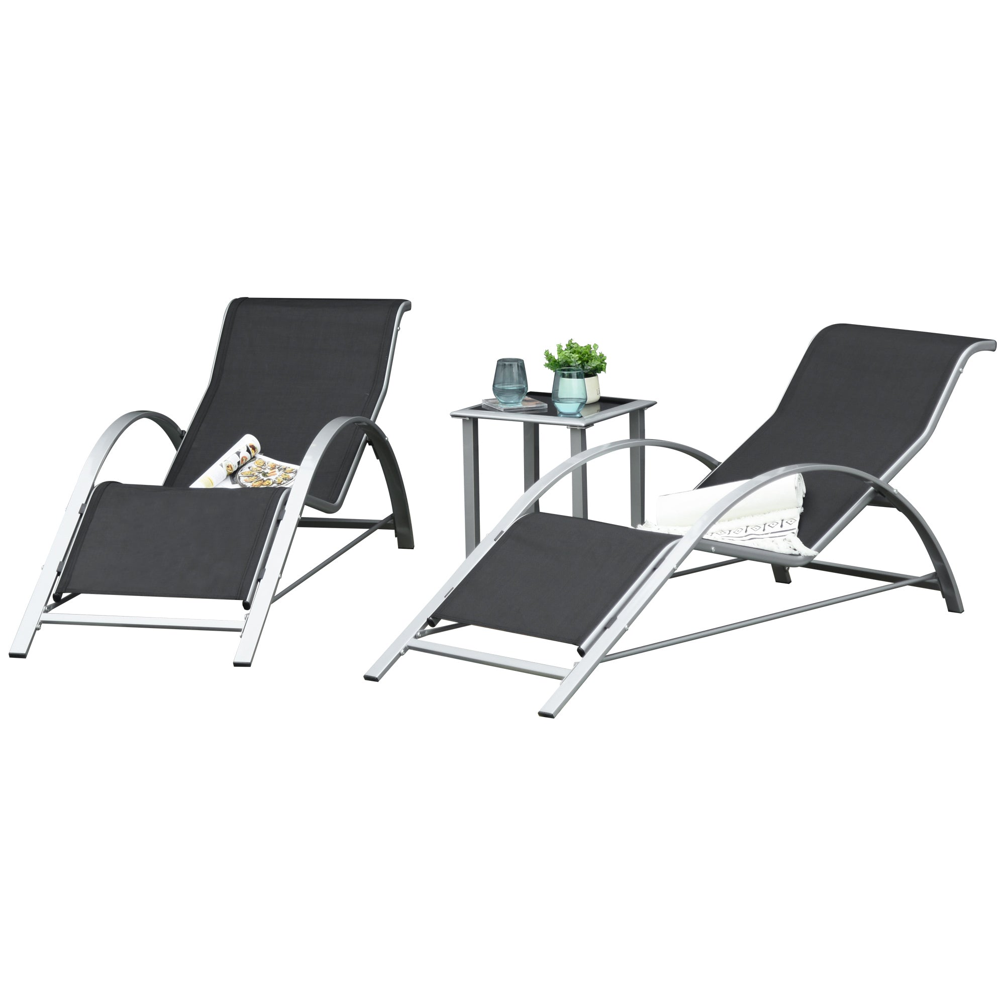 Garden Sun Lounger Set Metal Mesh 3-Piece Sun Lounger with Tea Table Garden Furniture Set with 2 Sun Loungers, 1 Side Table Patio Seating Group for Garden, Balcony 59W x 169D x 66H cm Black+Silver