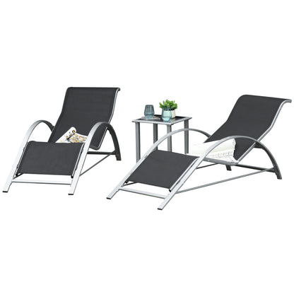 Garden Sun Lounger Set Metal Mesh 3-Piece Sun Lounger with Tea Table Garden Furniture Set with 2 Sun Loungers, 1 Side Table Patio Seating Group for Garden, Balcony 59W x 169D x 66H cm Black+Silver