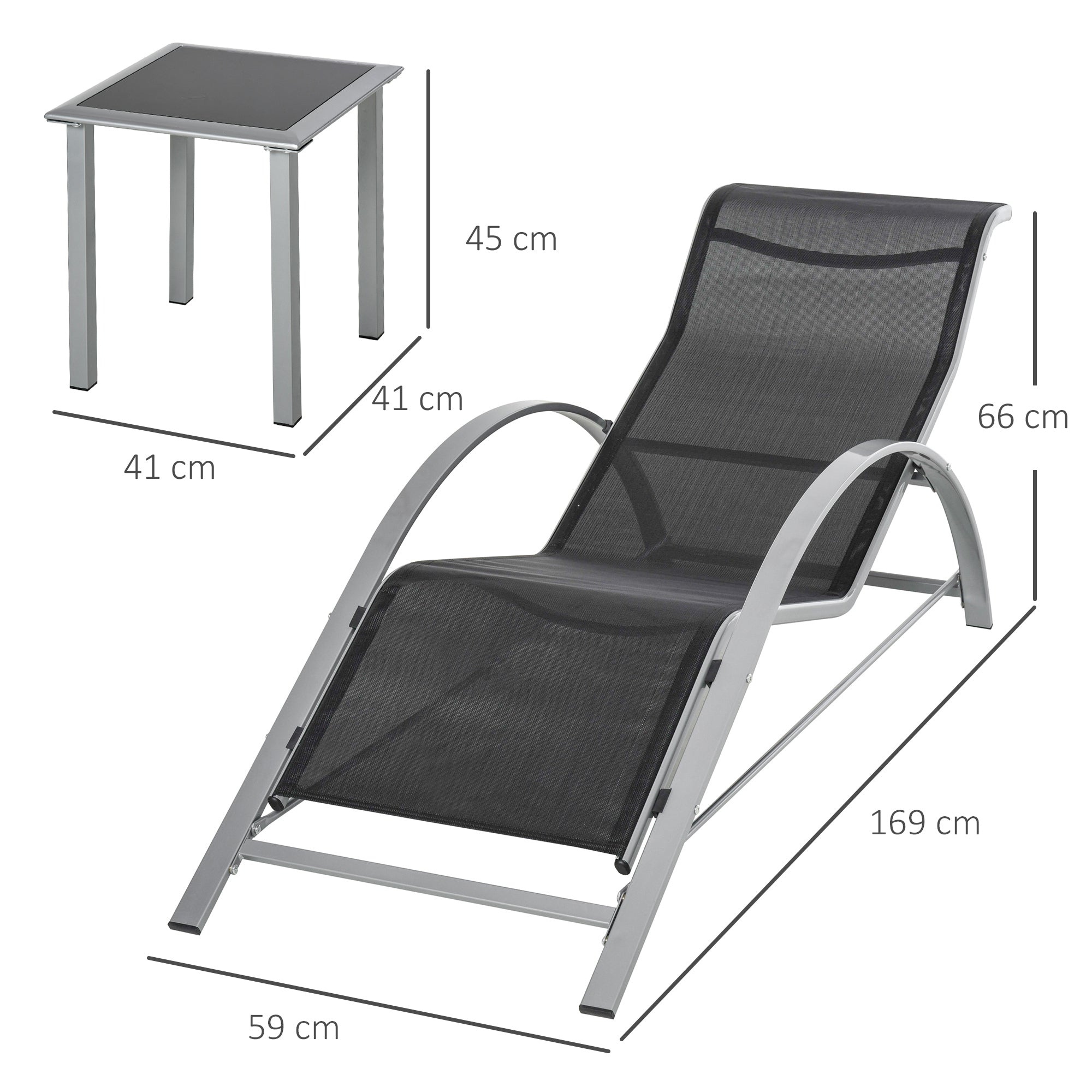 Garden Sun Lounger Set Metal Mesh 3-Piece Sun Lounger with Tea Table Garden Furniture Set with 2 Sun Loungers, 1 Side Table Patio Seating Group for Garden, Balcony 59W x 169D x 66H cm Black+Silver