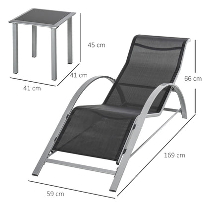 Garden Sun Lounger Set Metal Mesh 3-Piece Sun Lounger with Tea Table Garden Furniture Set with 2 Sun Loungers, 1 Side Table Patio Seating Group for Garden, Balcony 59W x 169D x 66H cm Black+Silver