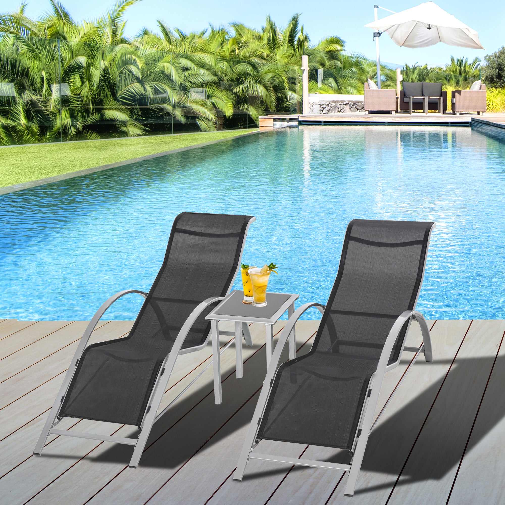 Garden Sun Lounger Set Metal Mesh 3-Piece Sun Lounger with Tea Table Garden Furniture Set with 2 Sun Loungers, 1 Side Table Patio Seating Group for Garden, Balcony 59W x 169D x 66H cm Black+Silver