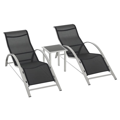 Garden Sun Lounger Set Metal Mesh 3-Piece Sun Lounger with Tea Table Garden Furniture Set with 2 Sun Loungers, 1 Side Table Patio Seating Group for Garden, Balcony 59W x 169D x 66H cm Black+Silver