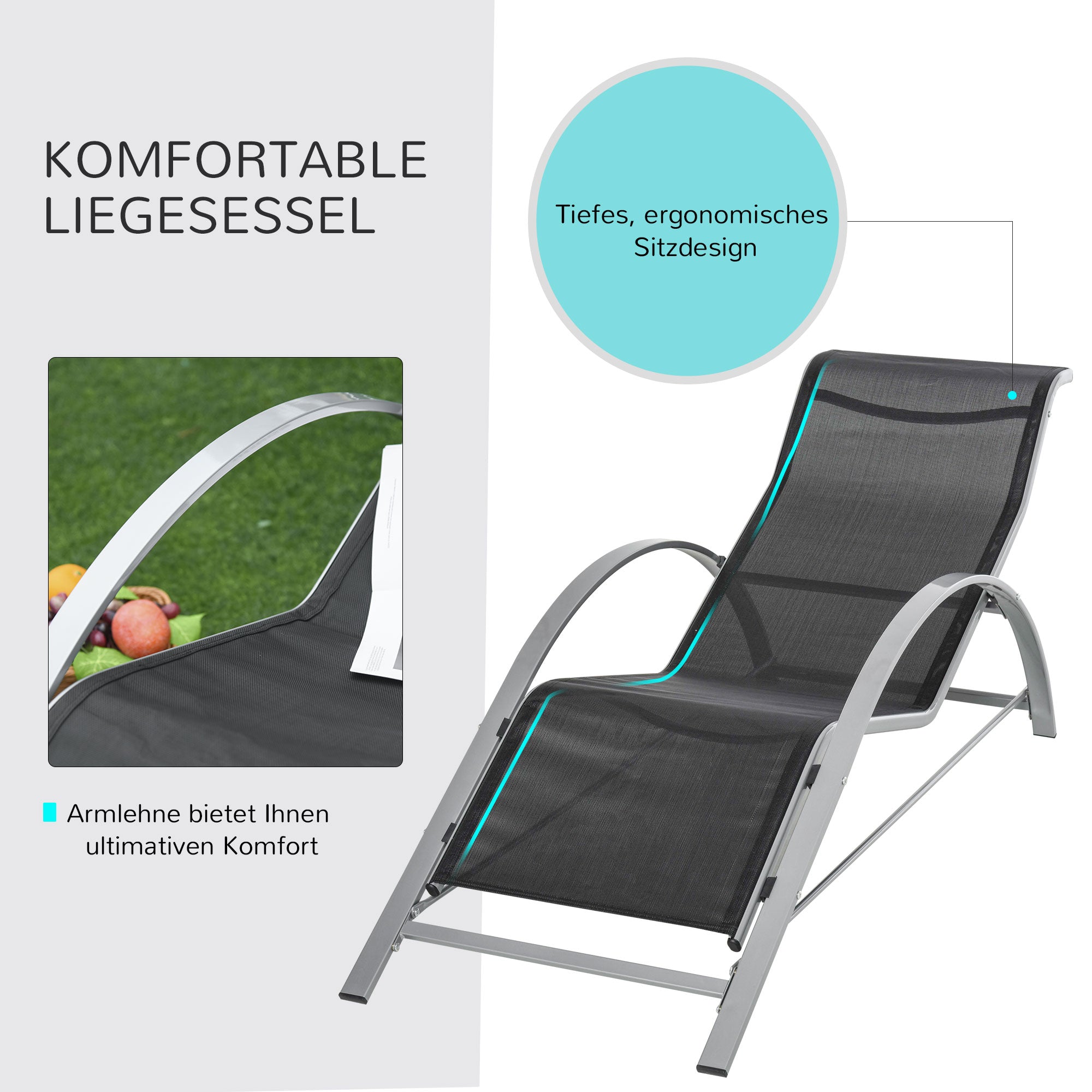 Garden Sun Lounger Set Metal Mesh 3-Piece Sun Lounger with Tea Table Garden Furniture Set with 2 Sun Loungers, 1 Side Table Patio Seating Group for Garden, Balcony 59W x 169D x 66H cm Black+Silver