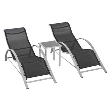 Garden Sun Lounger Set Metal Mesh 3-Piece Sun Lounger with Tea Table Garden Furniture Set with 2 Sun Loungers, 1 Side Table Patio Seating Group for Garden, Balcony 59W x 169D x 66H cm Black+Silver