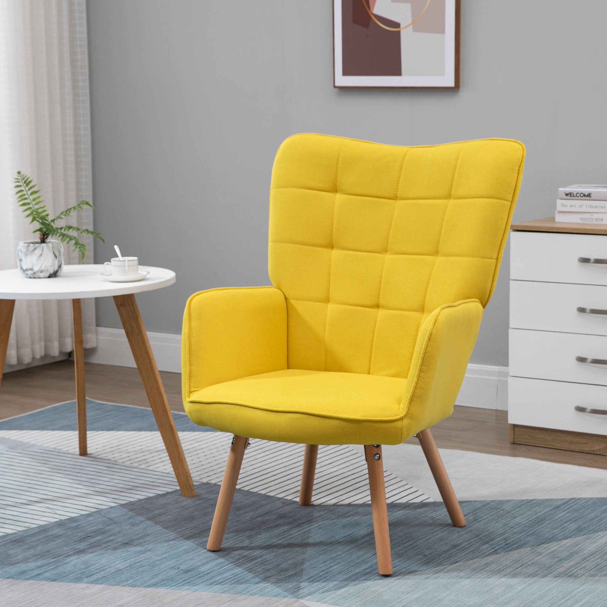 Modern Living Room Armchair with High Backrest Upholstered in Linen Fabric and Wooden Legs for Living Room 71x76x101 cm Yellow
