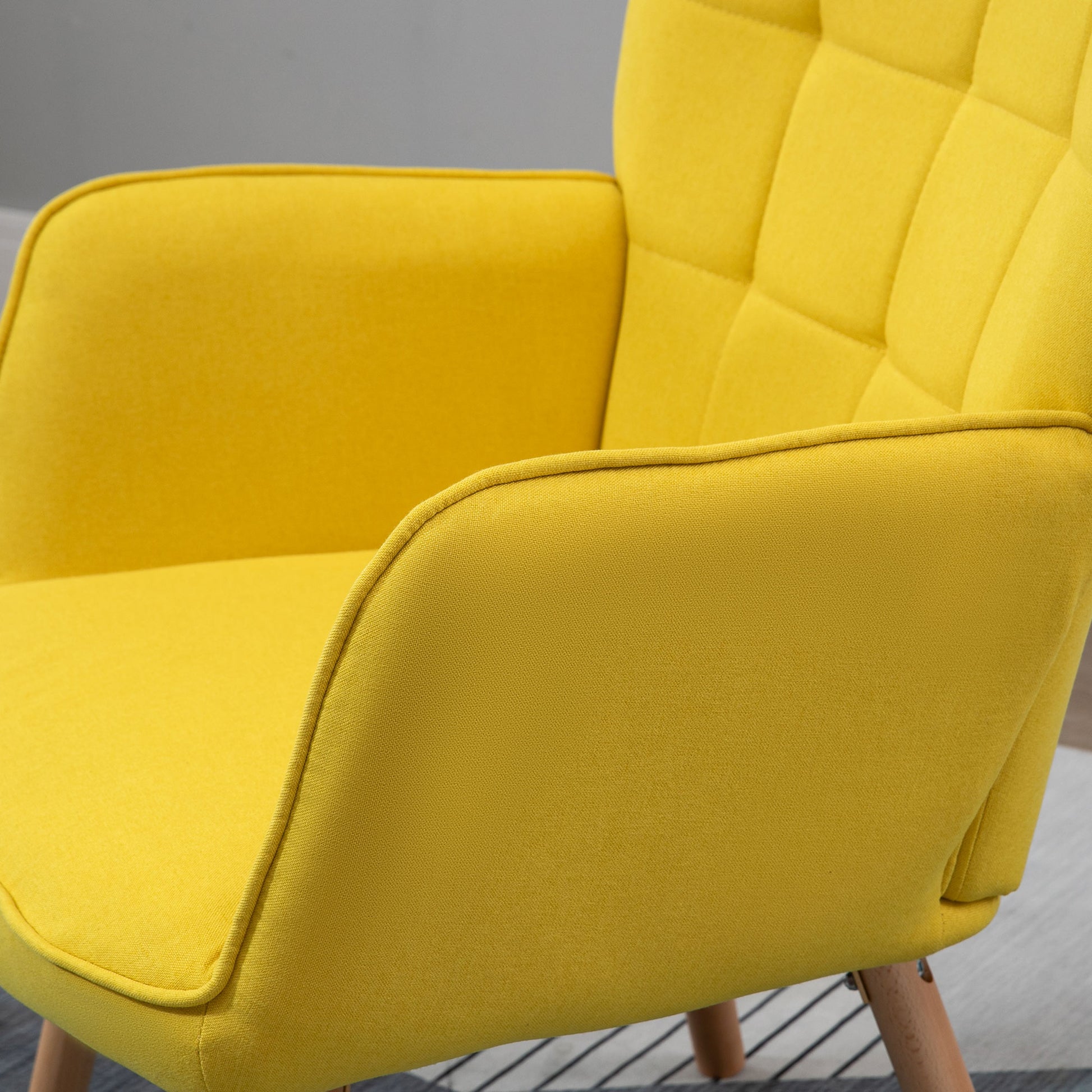 Modern Living Room Armchair with High Backrest Upholstered in Linen Fabric and Wooden Legs for Living Room 71x76x101 cm Yellow