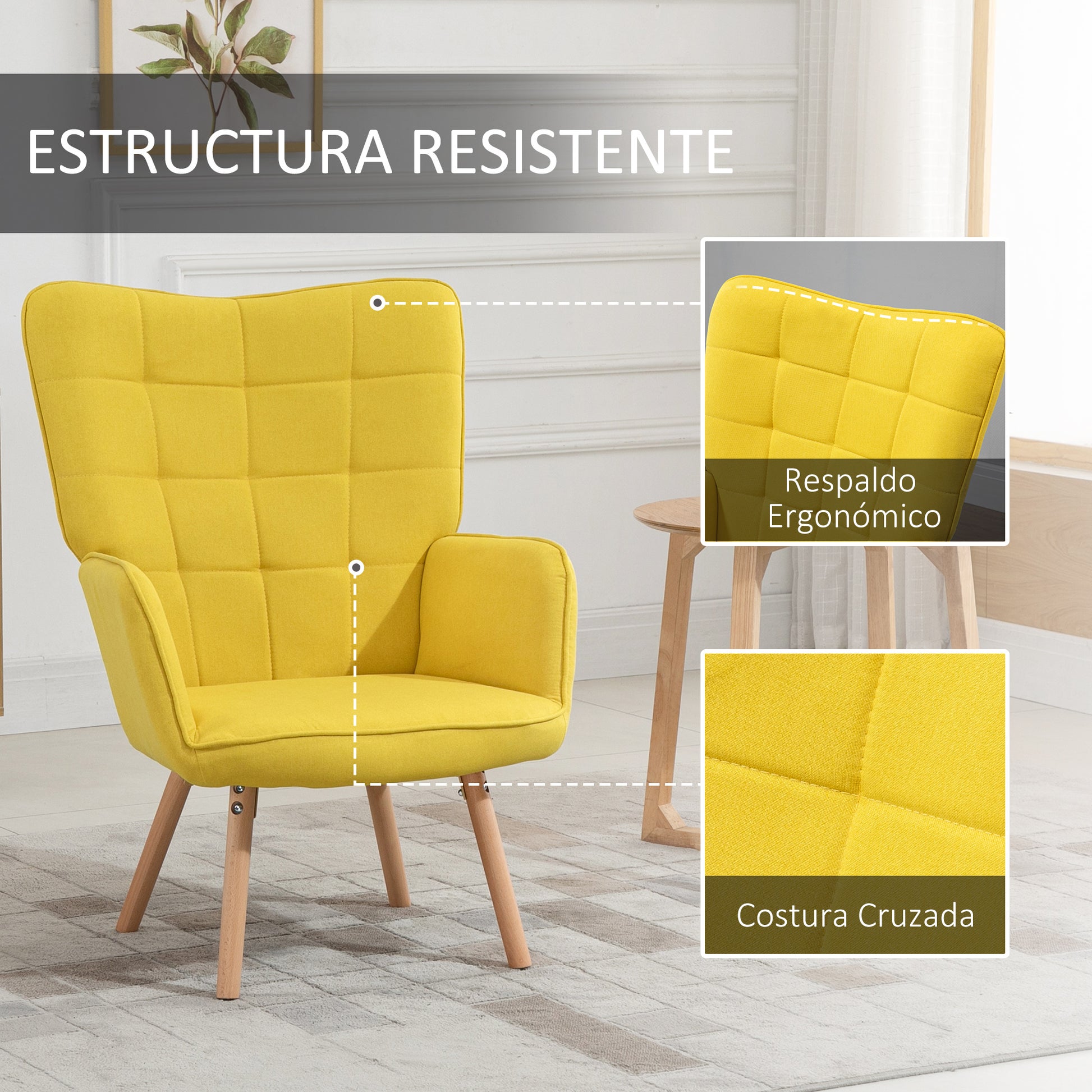 Modern Living Room Armchair with High Backrest Upholstered in Linen Fabric and Wooden Legs for Living Room 71x76x101 cm Yellow