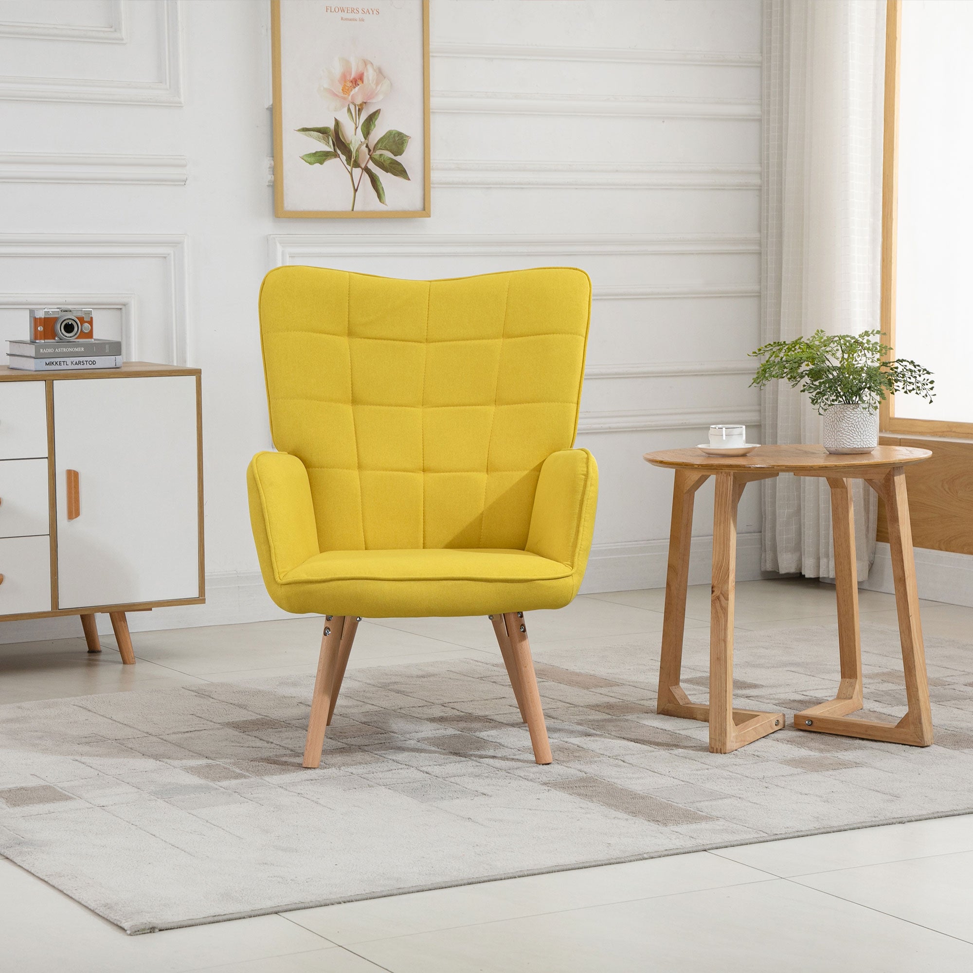 Modern Living Room Armchair with High Backrest Upholstered in Linen Fabric and Wooden Legs for Living Room 71x76x101 cm Yellow