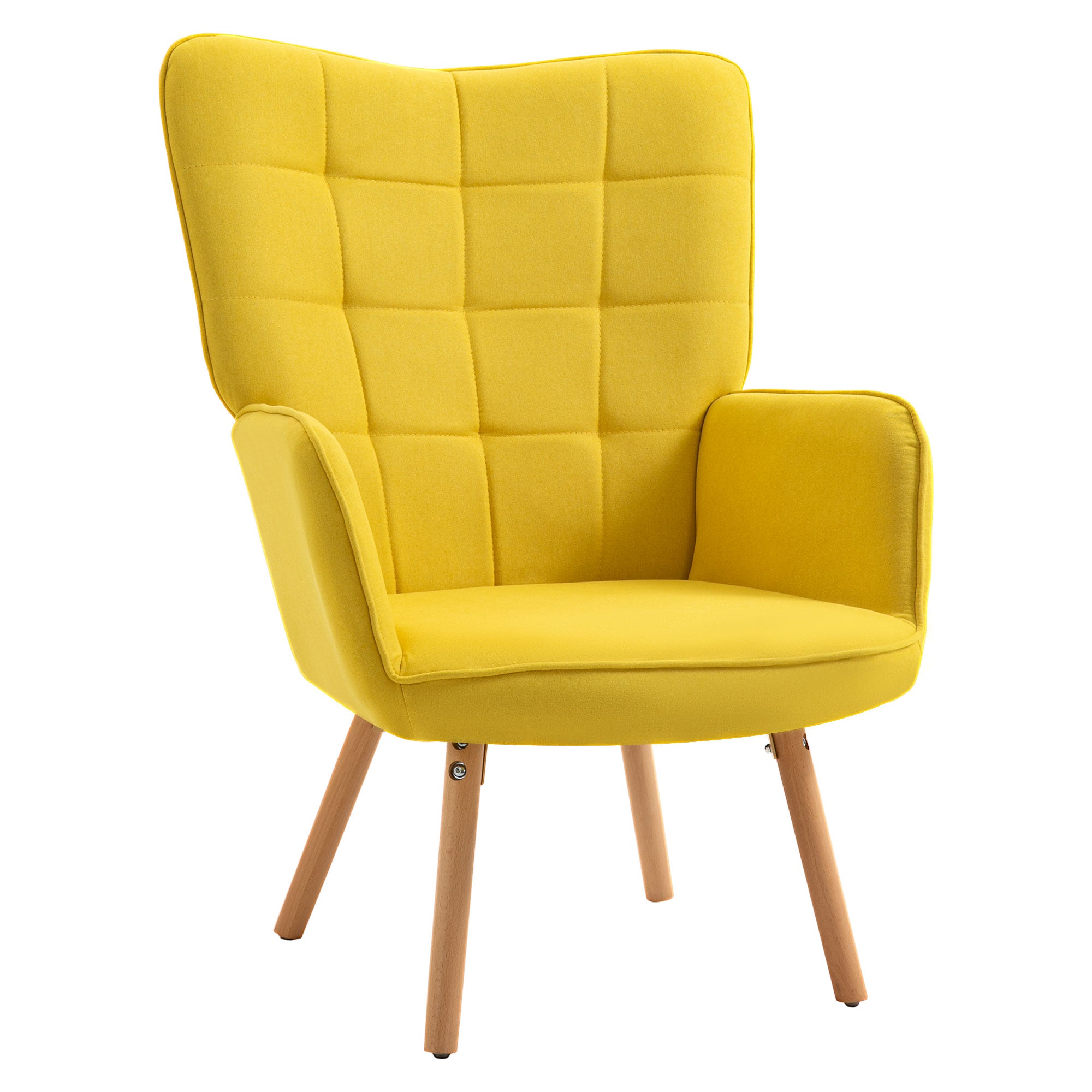 Modern Living Room Armchair with High Backrest Upholstered in Linen Fabric and Wooden Legs for Living Room 71x76x101 cm Yellow