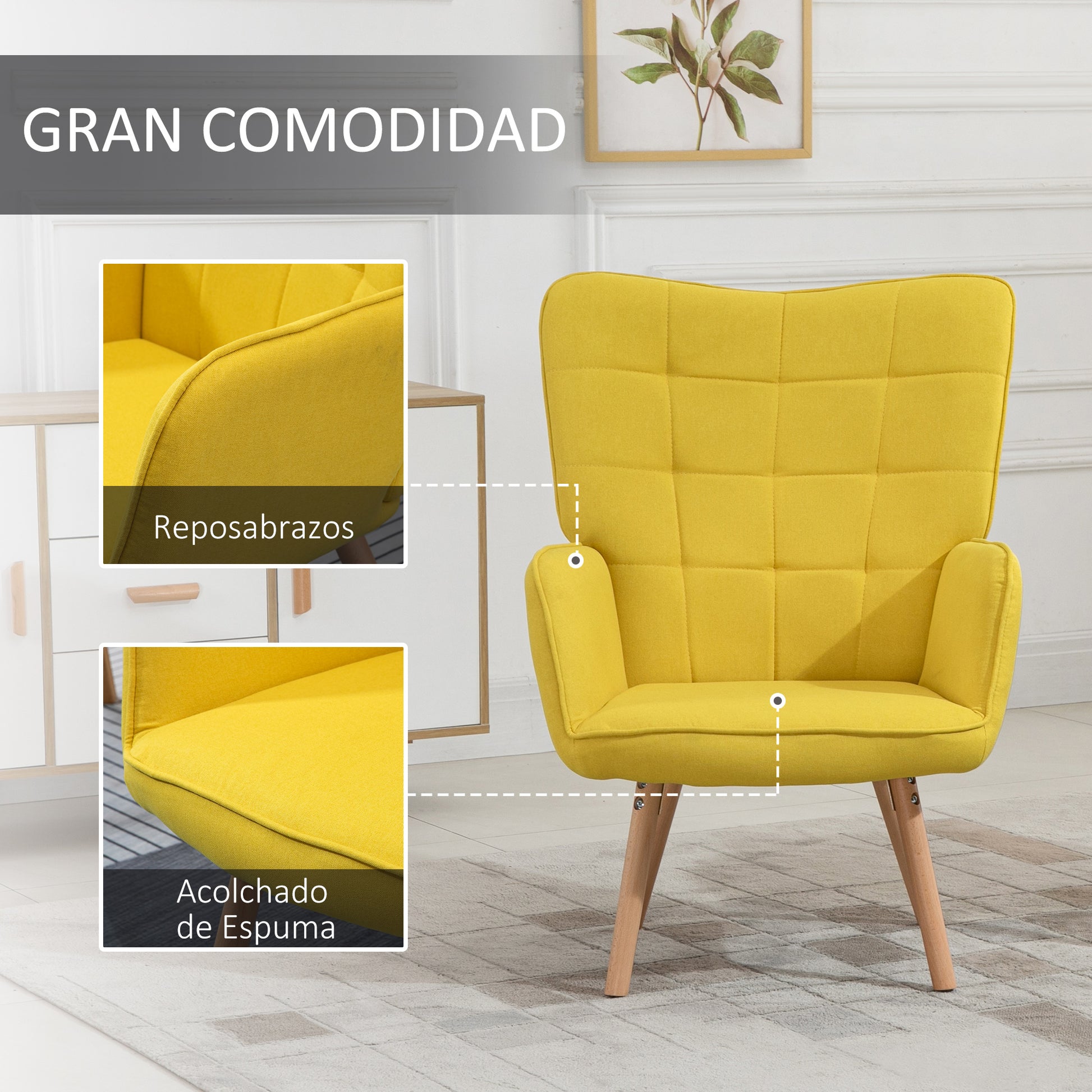 Modern Living Room Armchair with High Backrest Upholstered in Linen Fabric and Wooden Legs for Living Room 71x76x101 cm Yellow