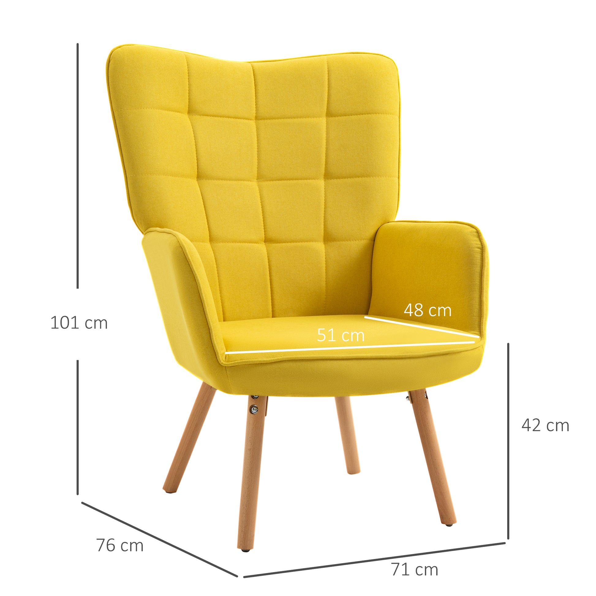 Modern Living Room Armchair with High Backrest Upholstered in Linen Fabric and Wooden Legs for Living Room 71x76x101 cm Yellow