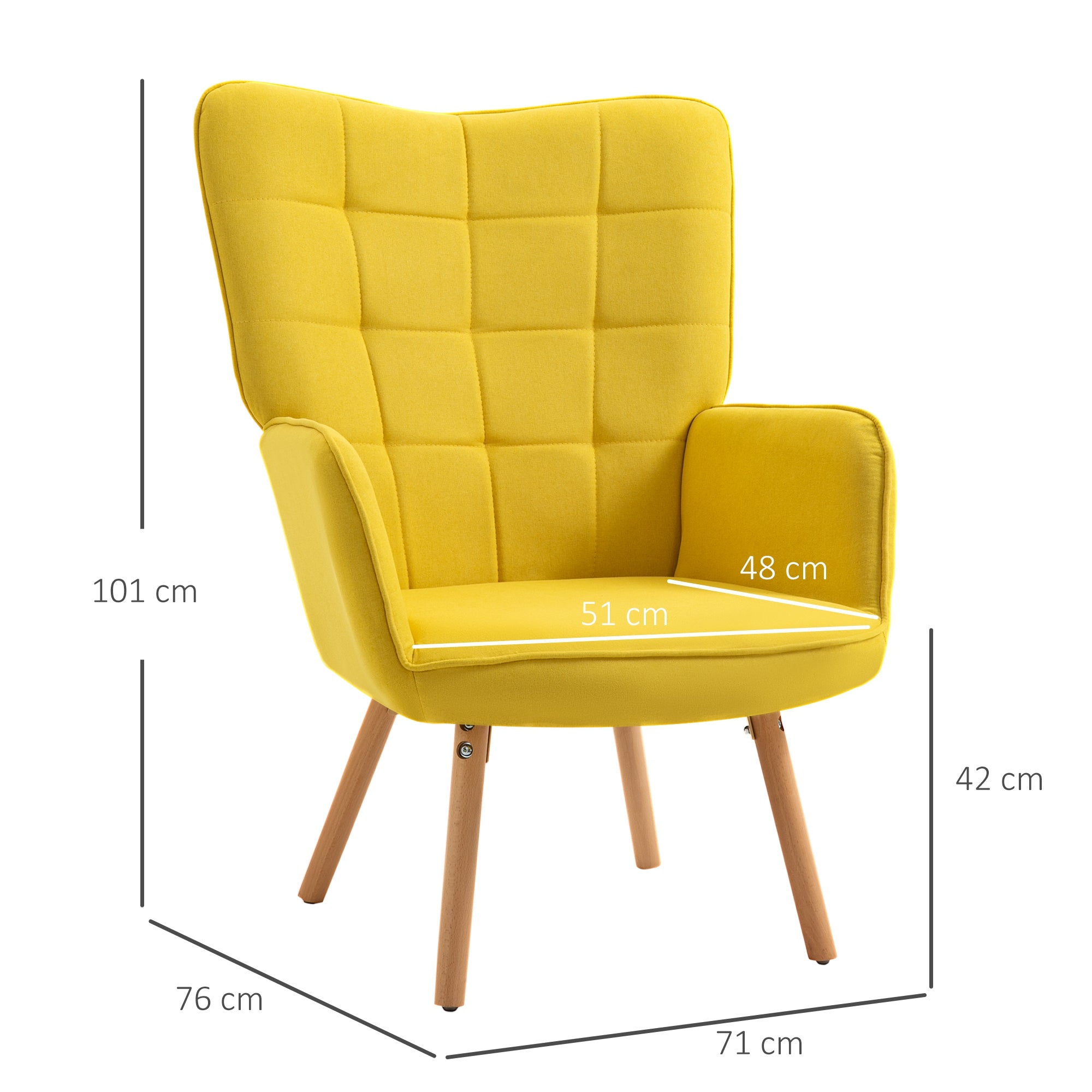 Modern Living Room Armchair with High Backrest Upholstered in Linen Fabric and Wooden Legs for Living Room 71x76x101 cm Yellow