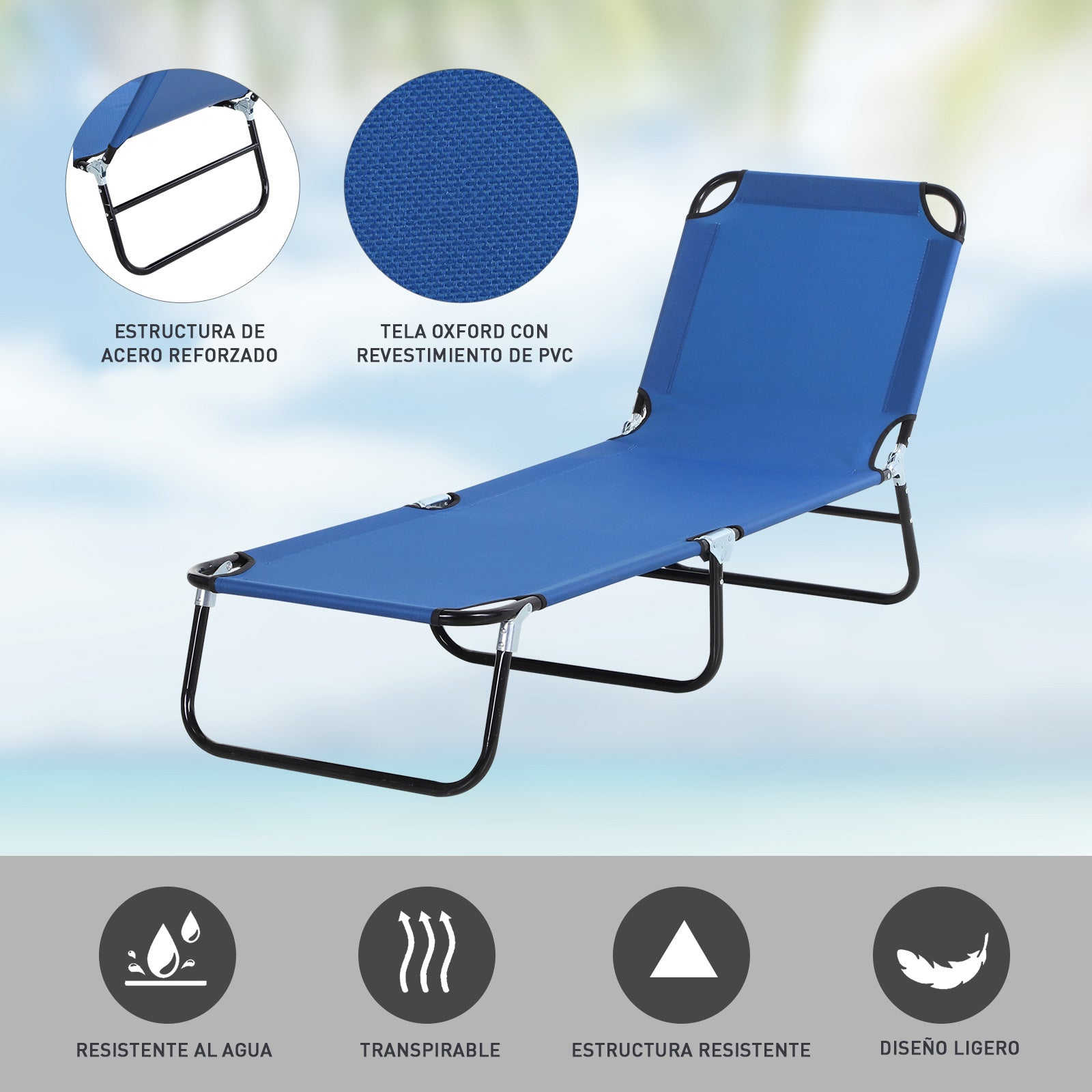 Folding Reclining Sun Lounger with 5 Adjustable Positions for Garden Outdoor Pool Terrace Camping Load 120 kg 188x56x28 cm Blue