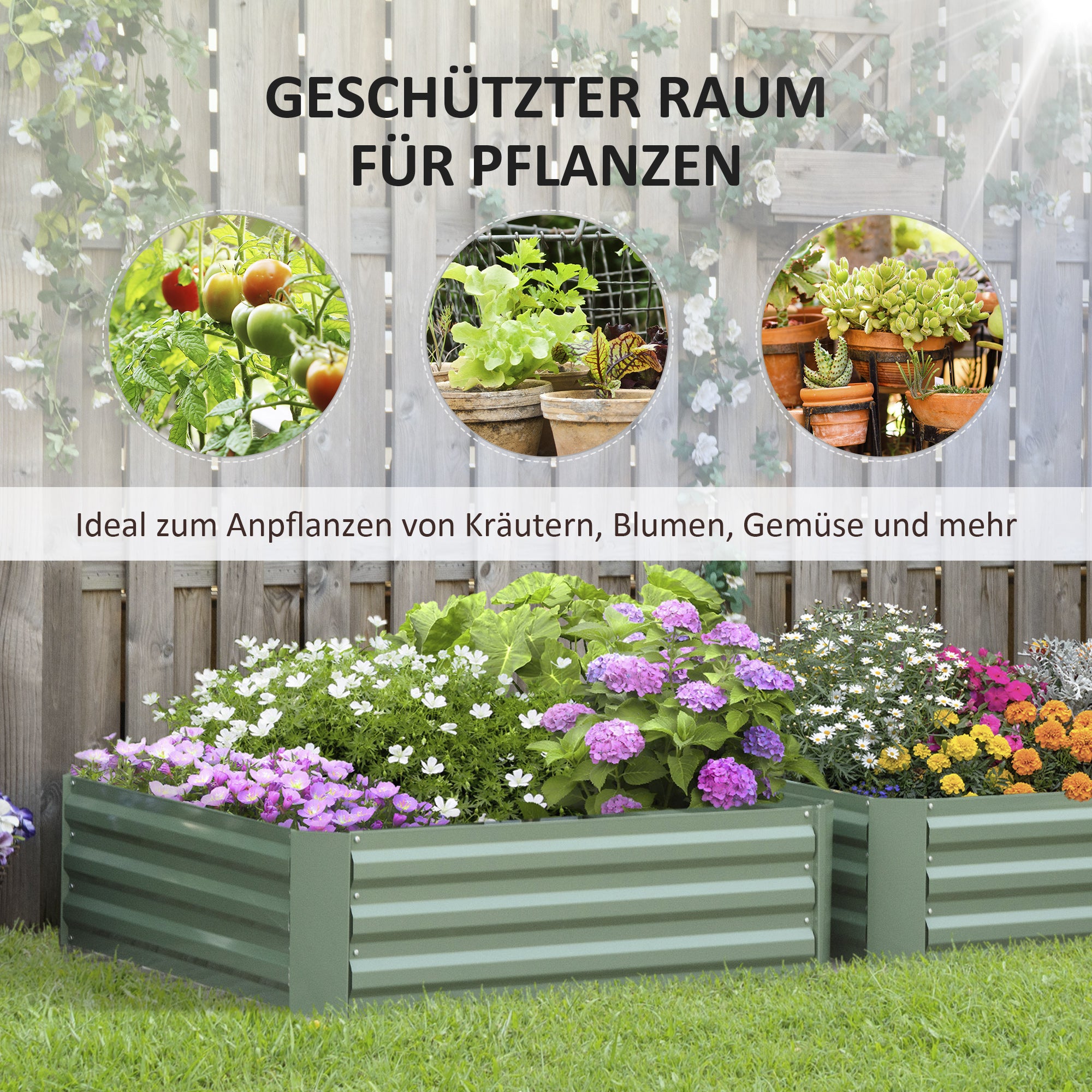 Raised Garden Bed Set, 2-Piece Garden Bed, Planter Box, Flower Box, Plant Pot, Flower Pot for Garden, Terrace, Galvanized Steel, Green, 100 x 100 x 30 cm